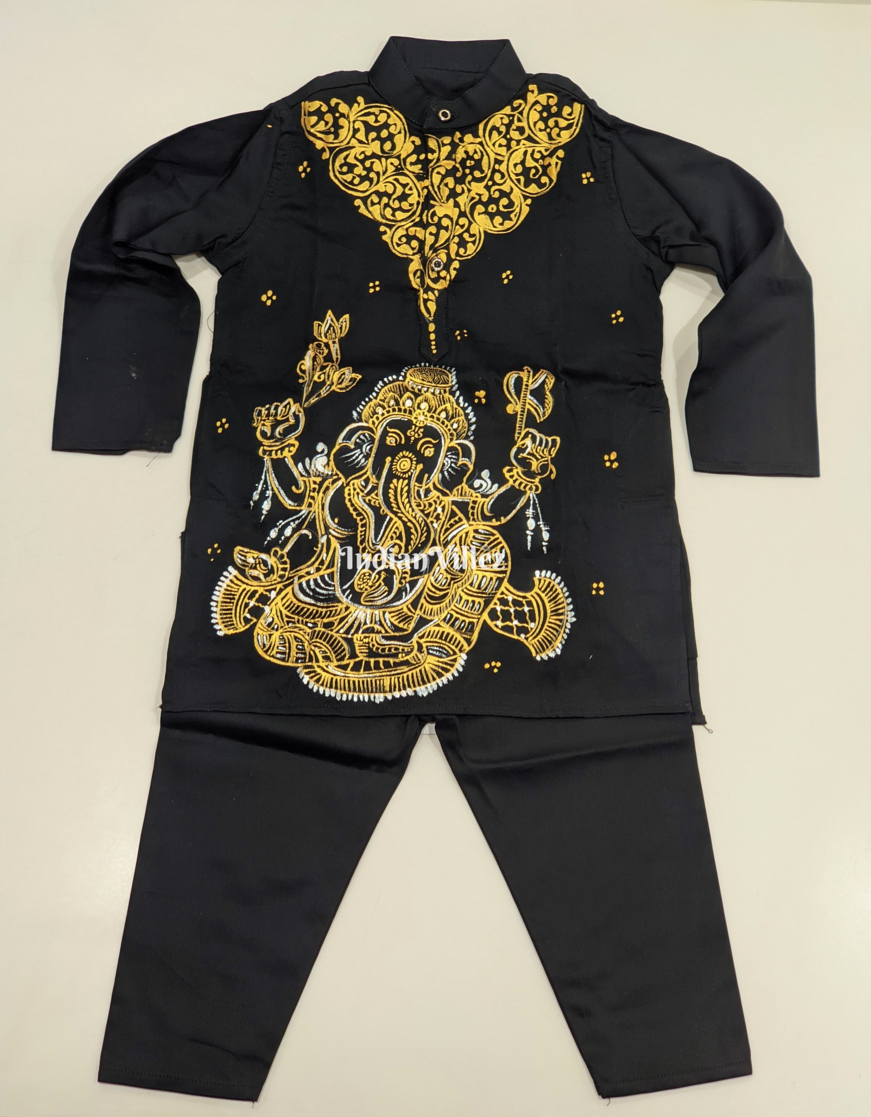 Black Boys Ganesh Theme Hand-Painted Pattachitra Kurta & Pyjama Set