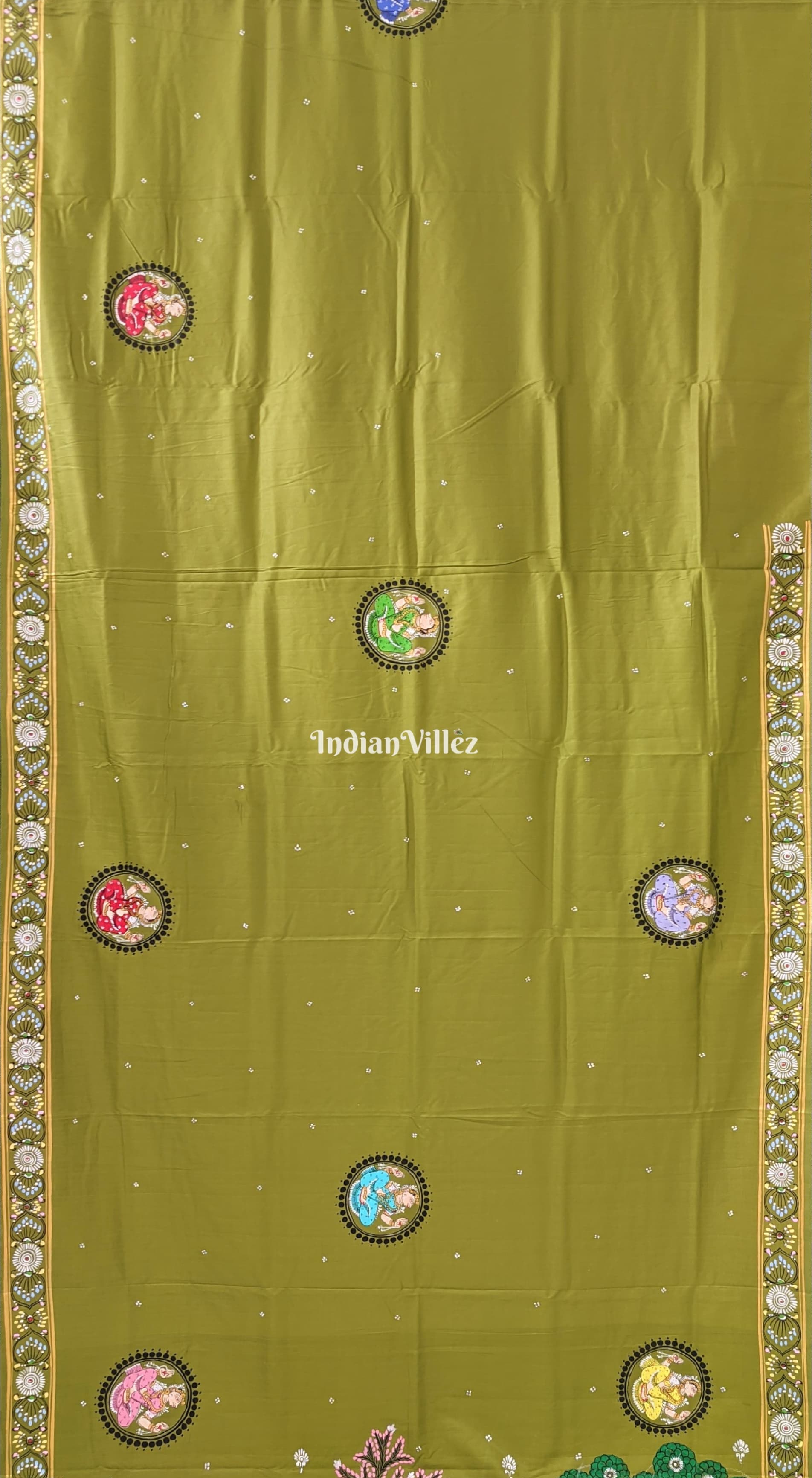 Army Green Ramayana Theme Pattachitra Silk Saree