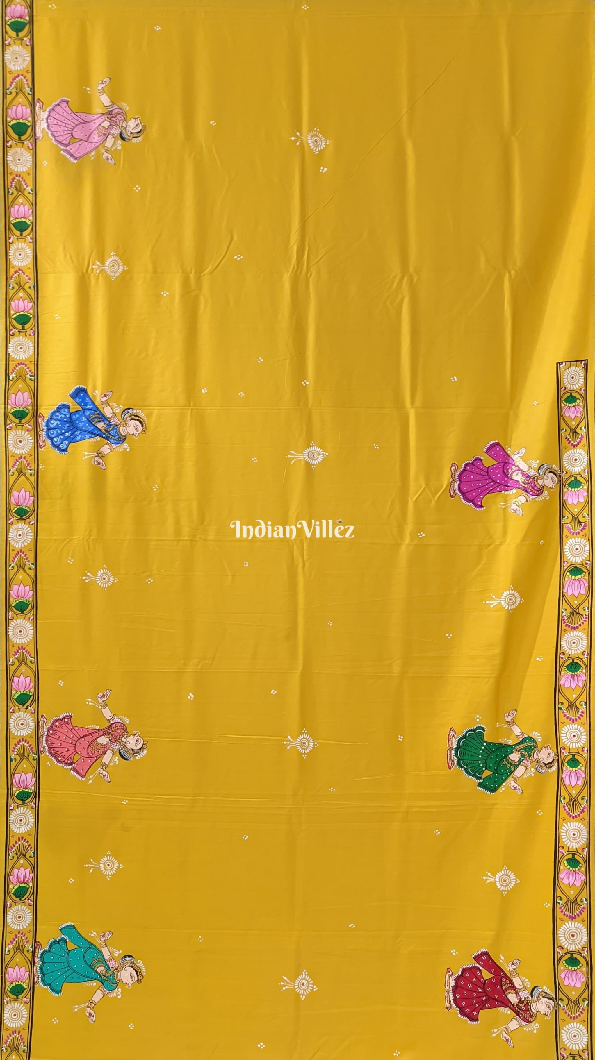 Lemon Yellow Ramayana Theme Pattachitra Silk SareeLemon Yellow Ramayana Theme Pattachitra Silk Saree