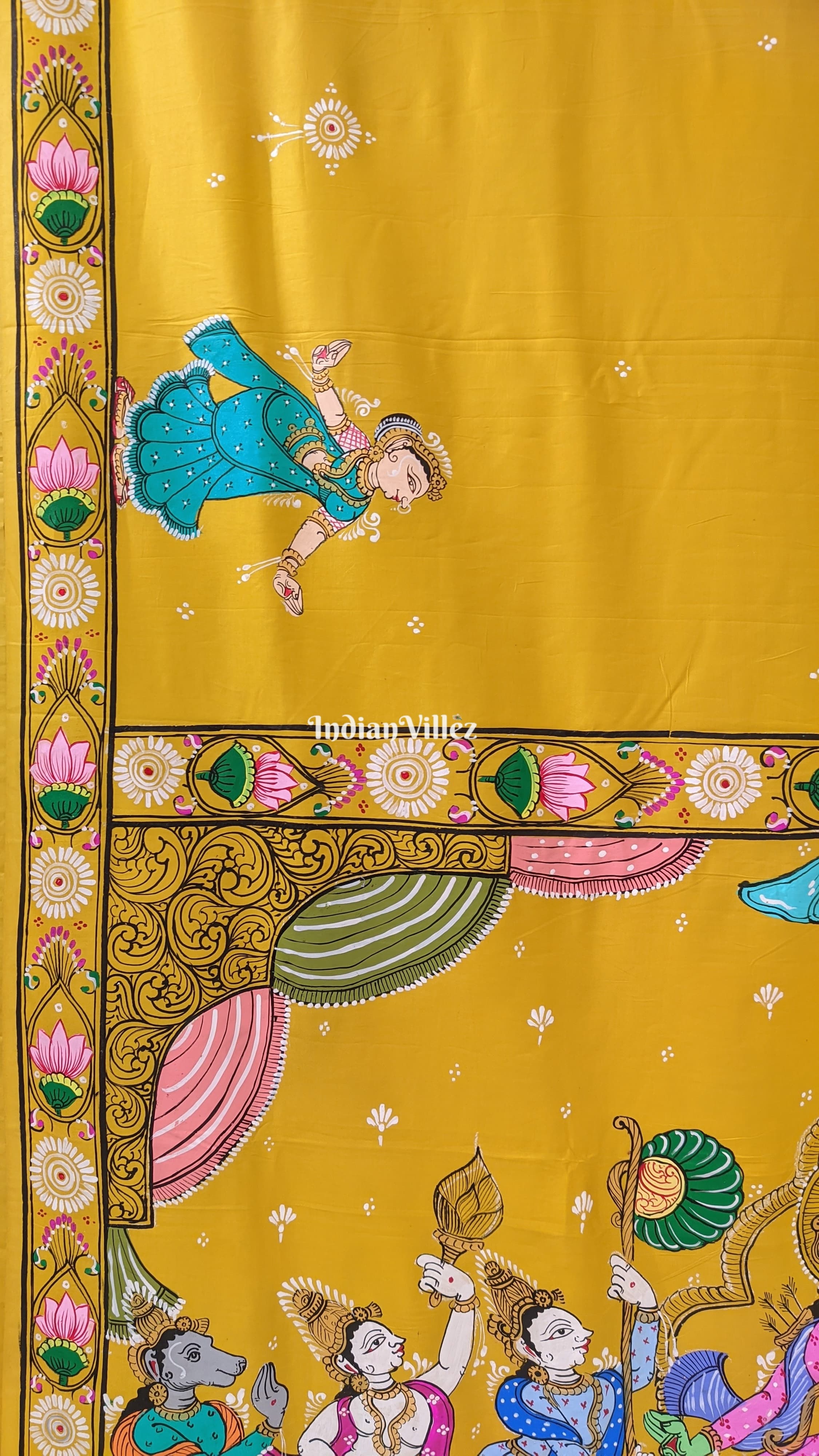 Lemon Yellow Ramayana Theme Pattachitra Silk Saree