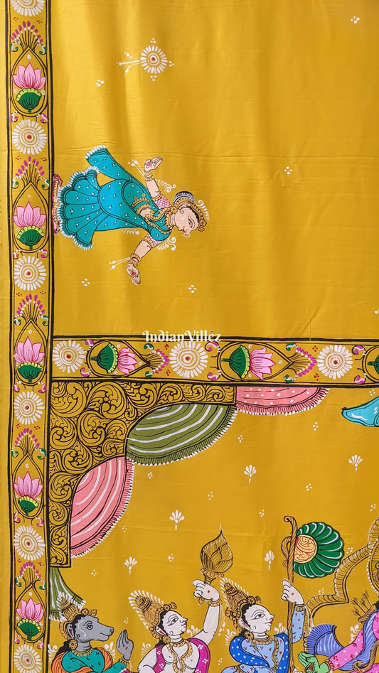 Lemon Yellow Ramayana Theme Pattachitra Silk Saree