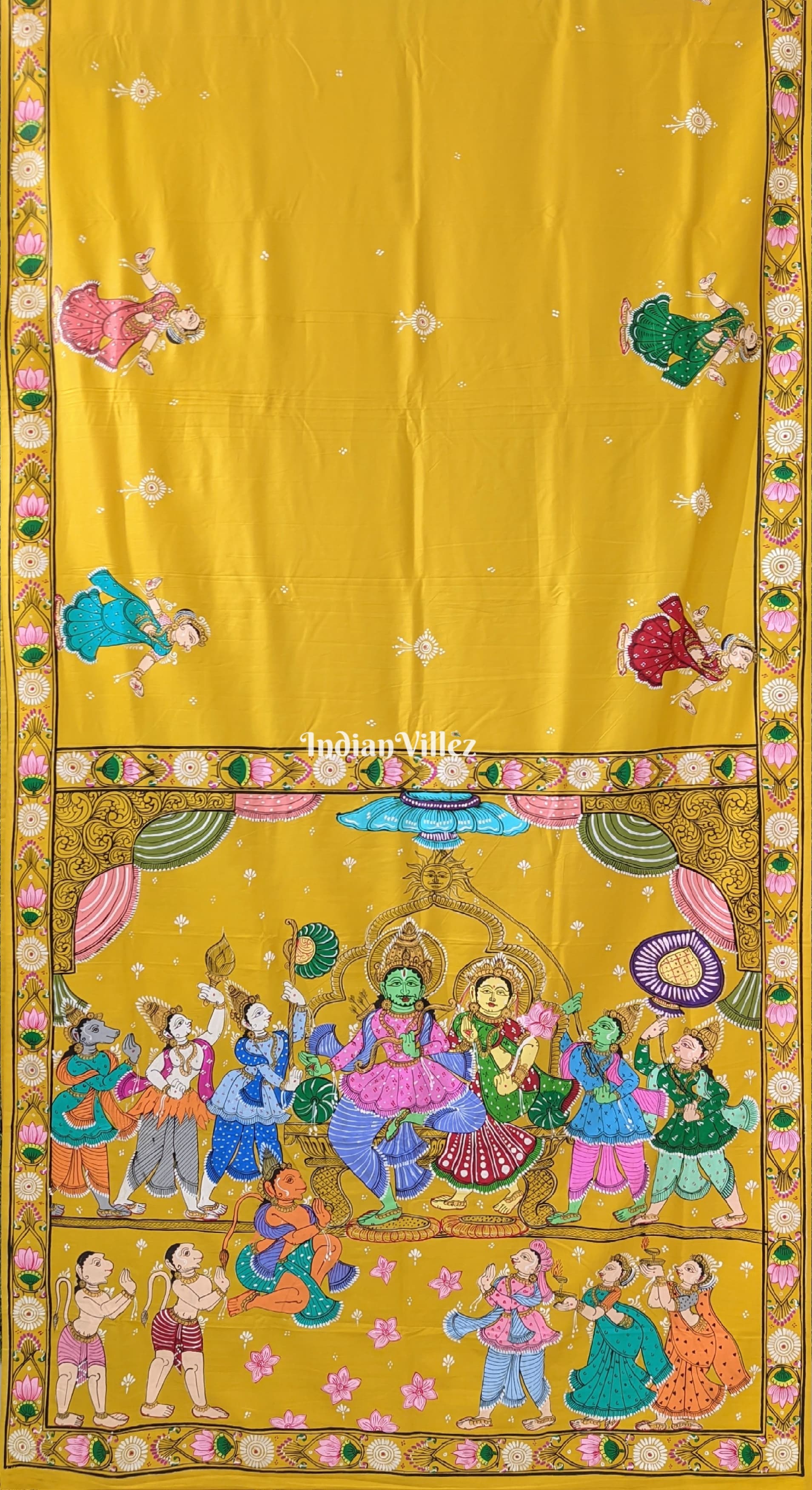 Lemon Yellow Ramayana Theme Pattachitra Silk Saree