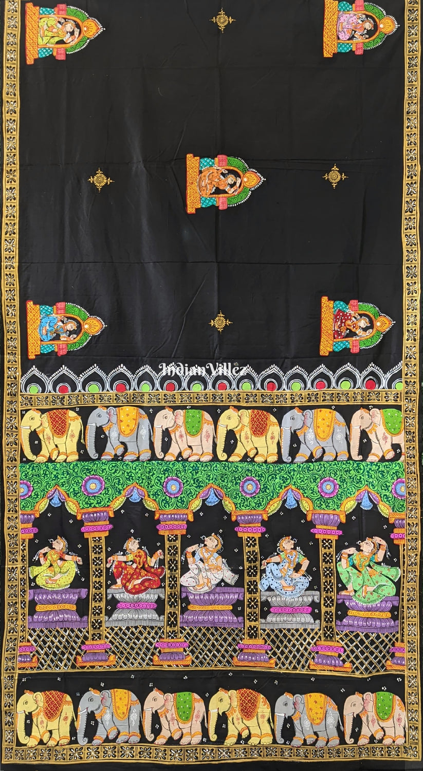 Black Elephant & Shringar Ras Hand-Painted Pattachitra Saree(Pre-Order ...