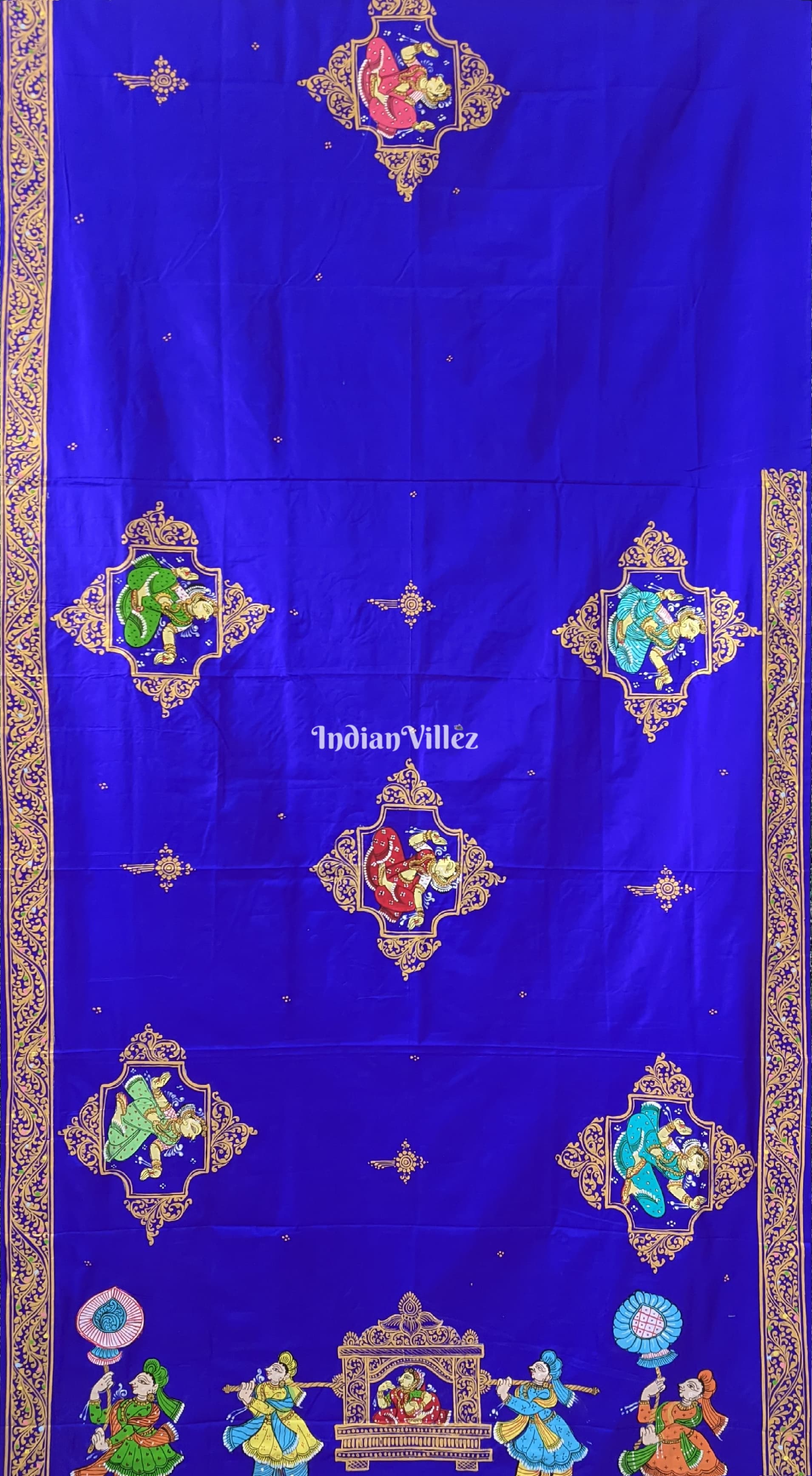 Blue Doli Barat Theme Pattachitra Art on Pure Mulberry Silk Saree