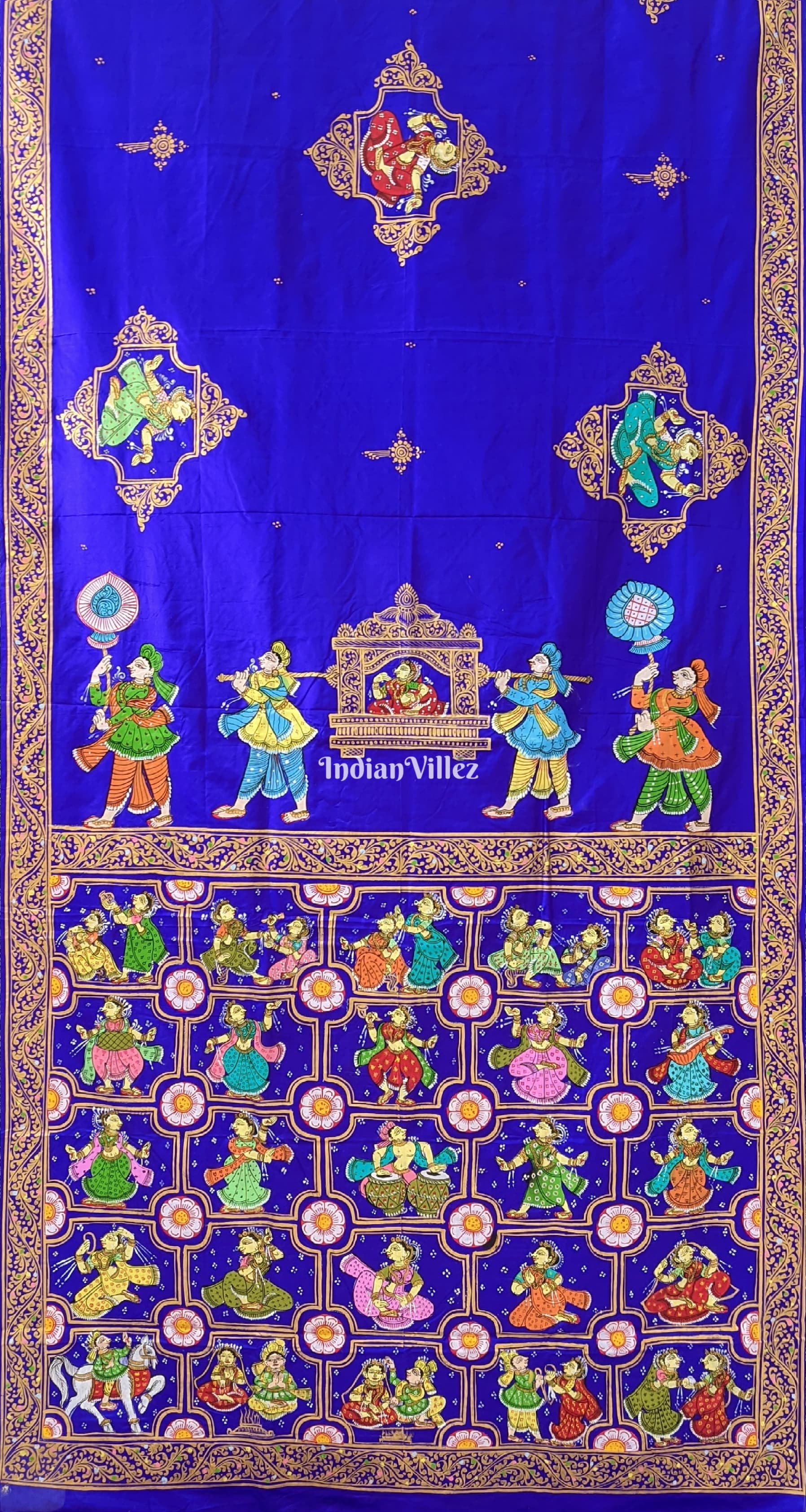 Blue Doli Barat Theme Pattachitra Art on Pure Mulberry Silk Saree