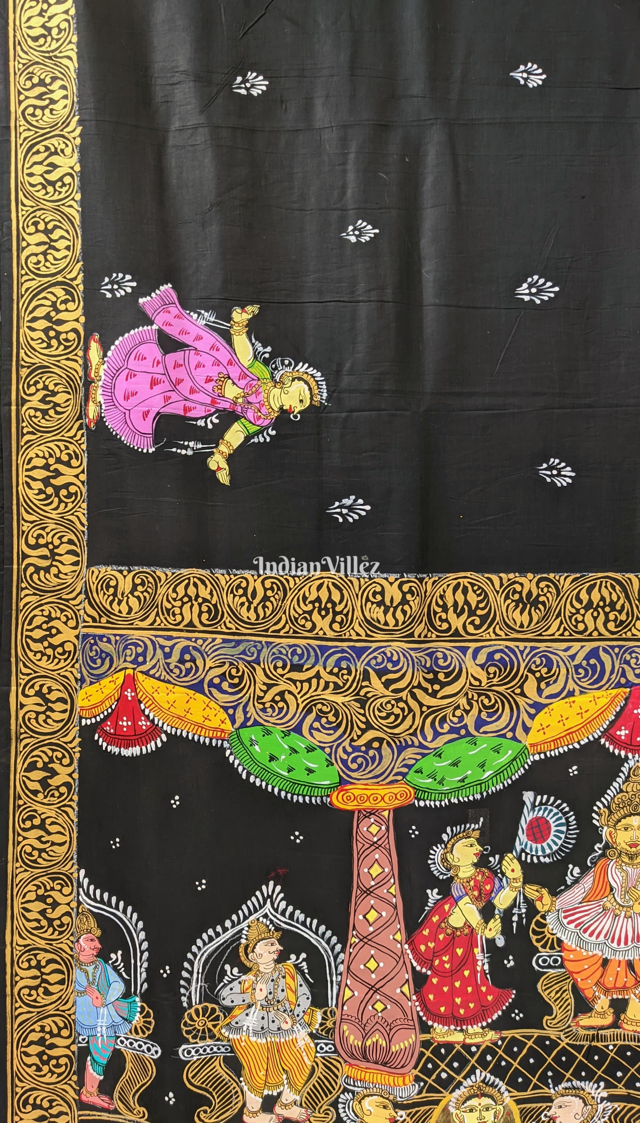 Black Ramayana Theme Pattachitra Silk Saree