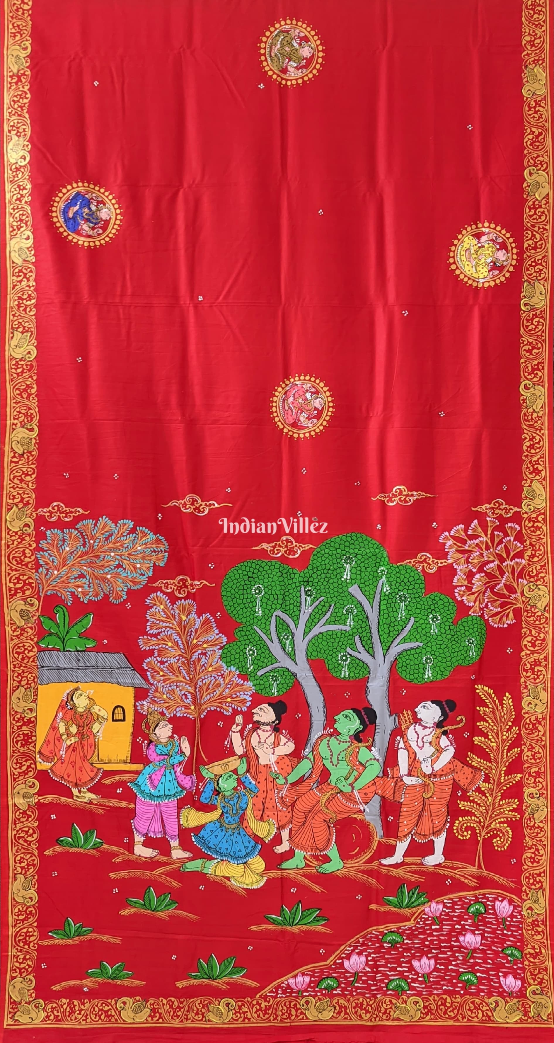 Red Ramayana Theme Pattachitra Silk Saree