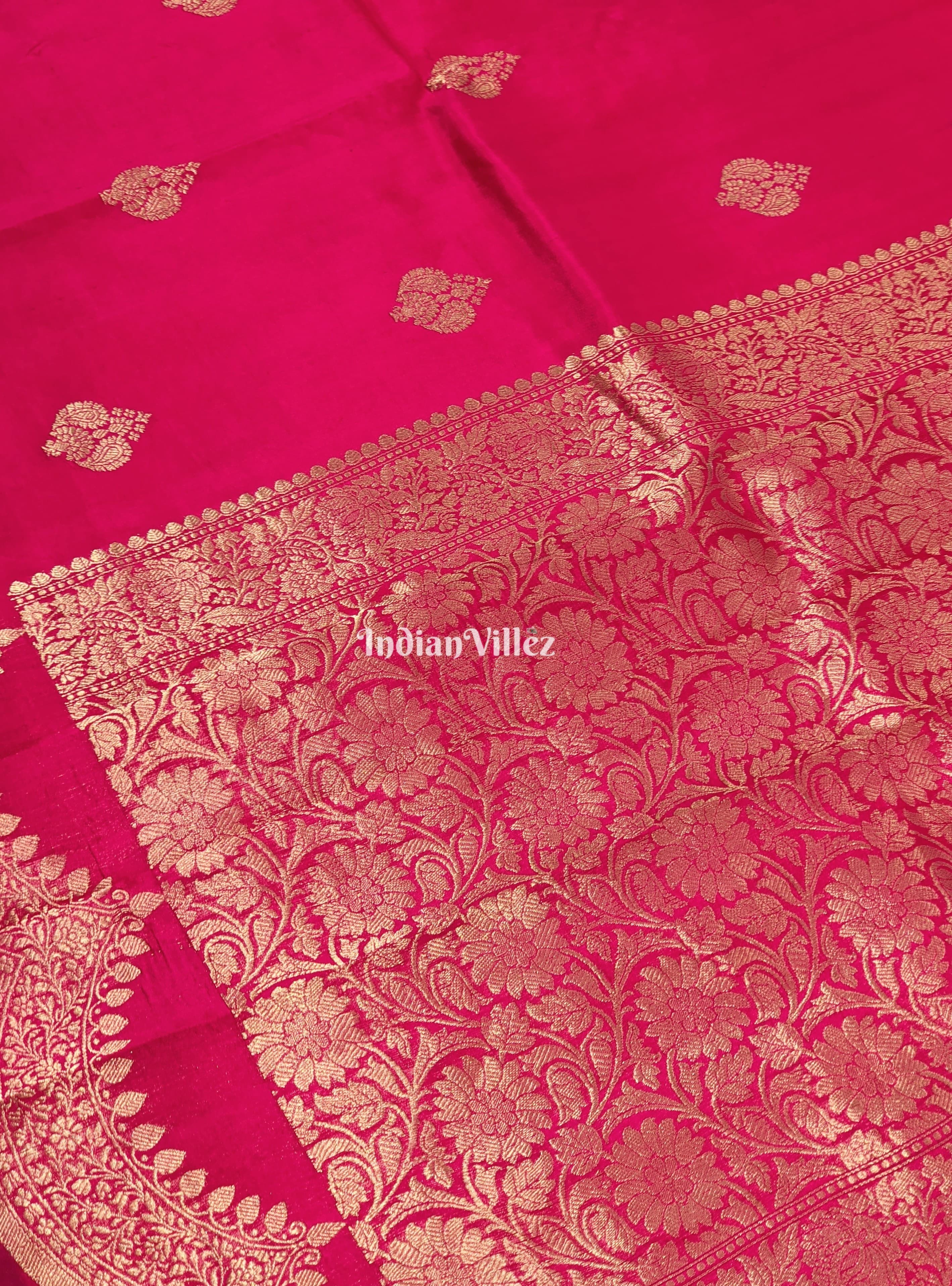 Rani Pink Banarasi Katan Saree with Golden Flower Motif