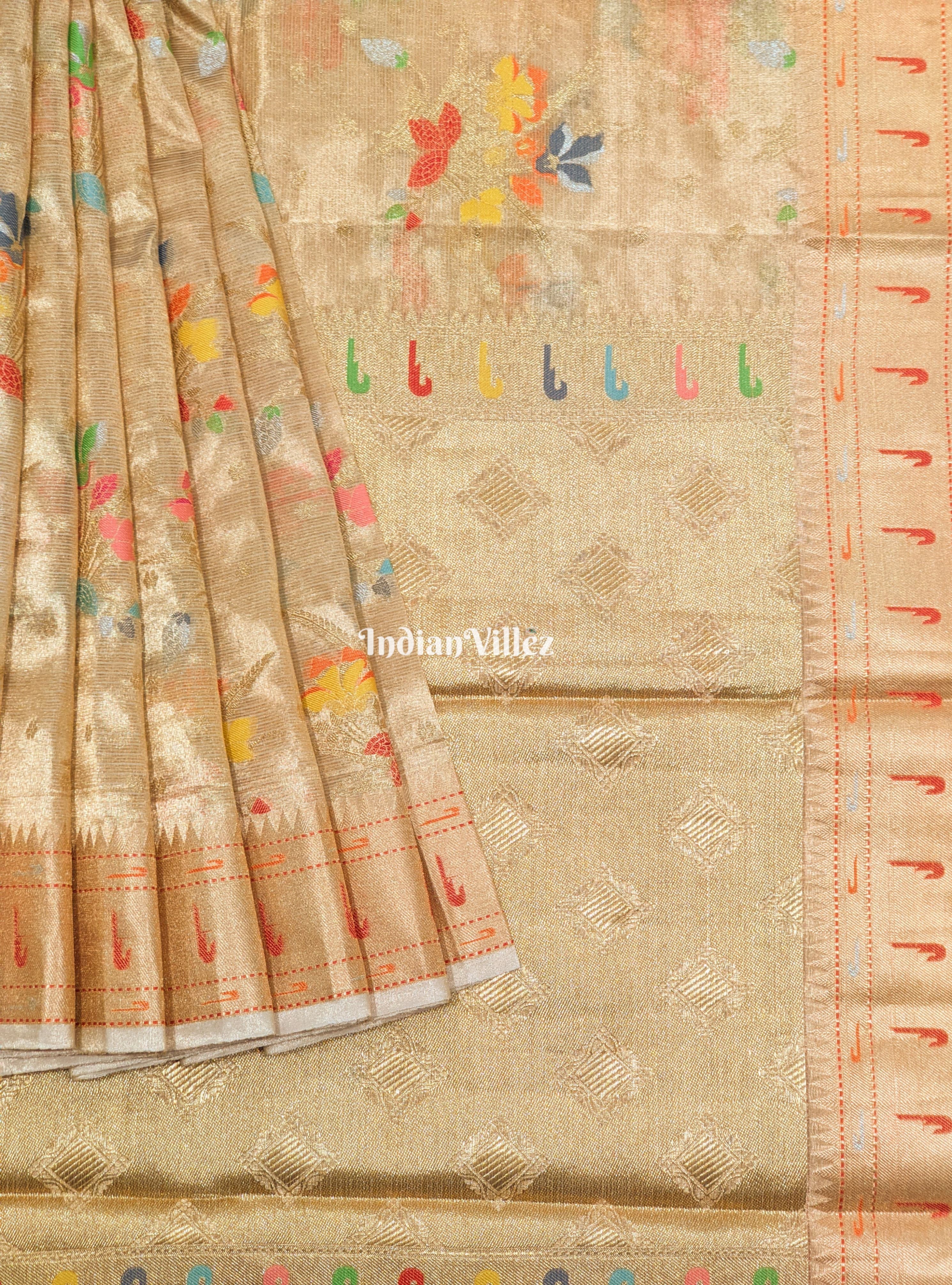 Golden Floral Design Zari Woven  Banarasi Tissue Saree