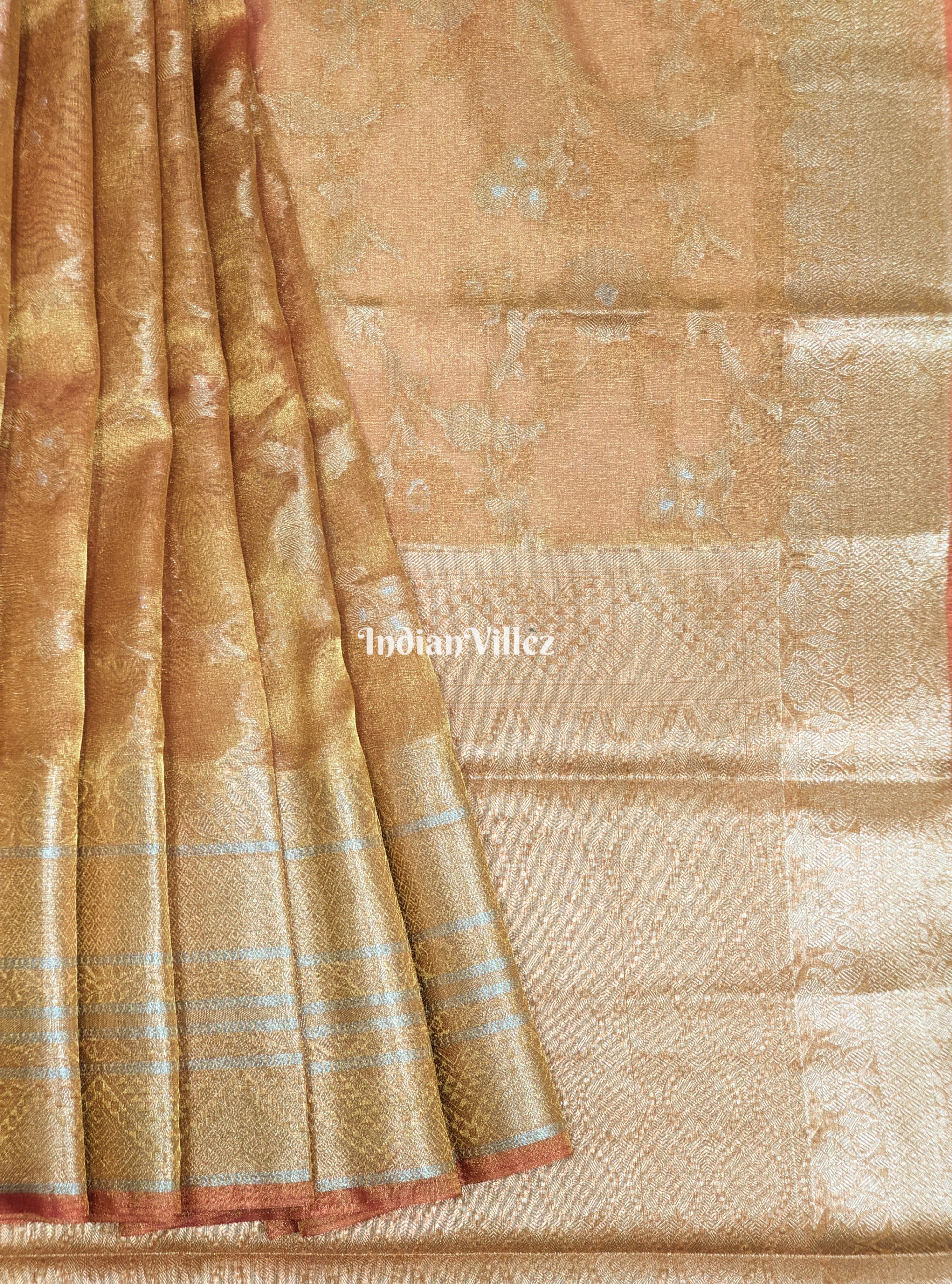 Orange Golden Dual Tone Zari Woven  Banarasi Tissue Saree
