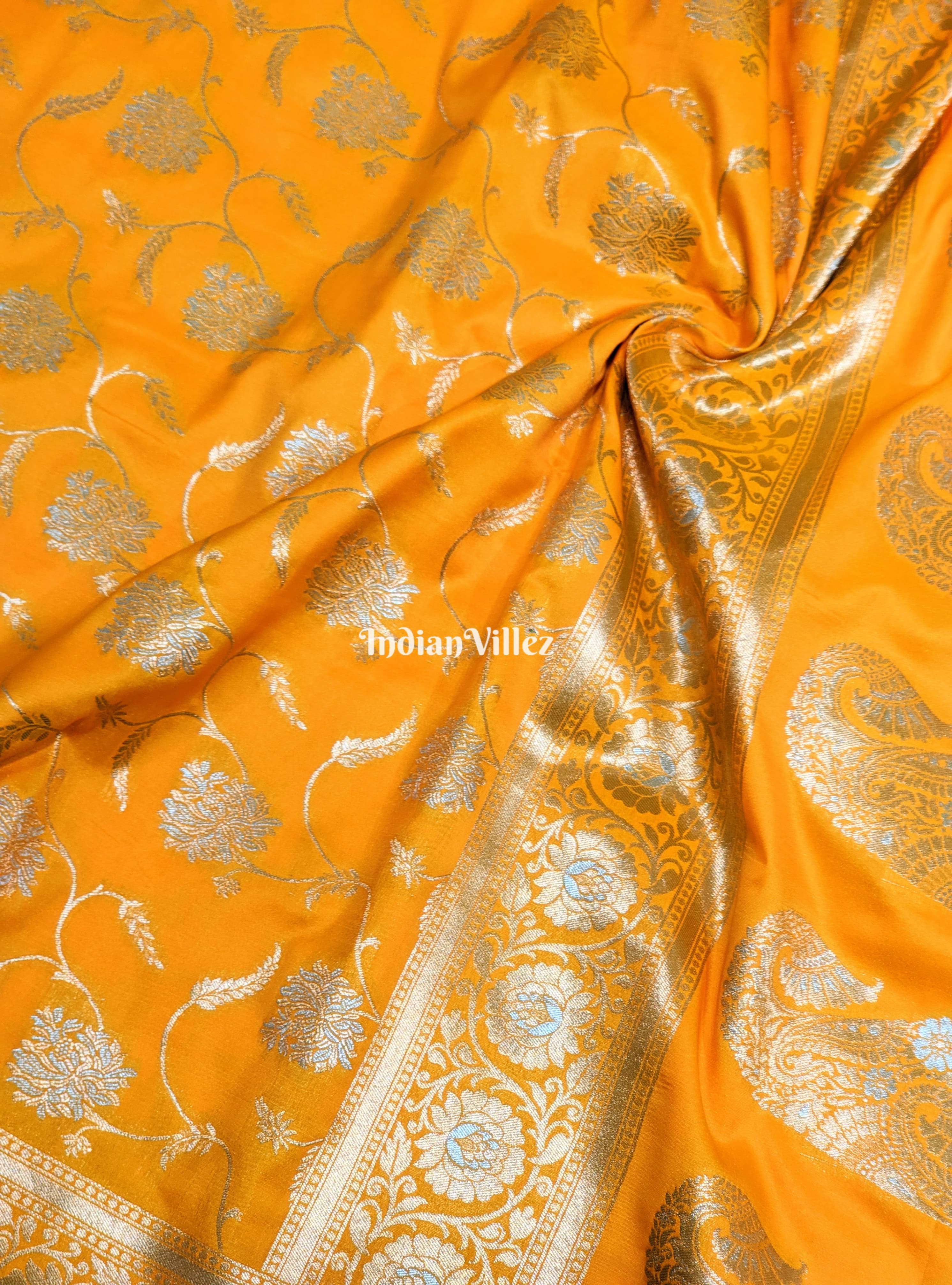Yellow Floral Design Pure Banarasi Katan Saree