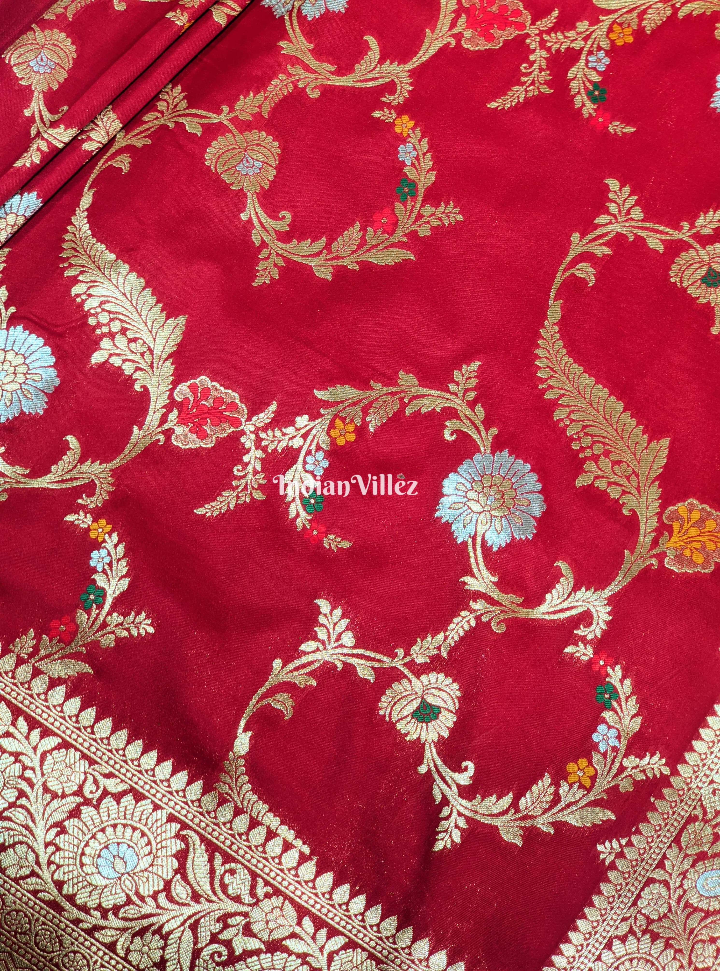 Red Floral Design Pure Banarasi Katan Saree