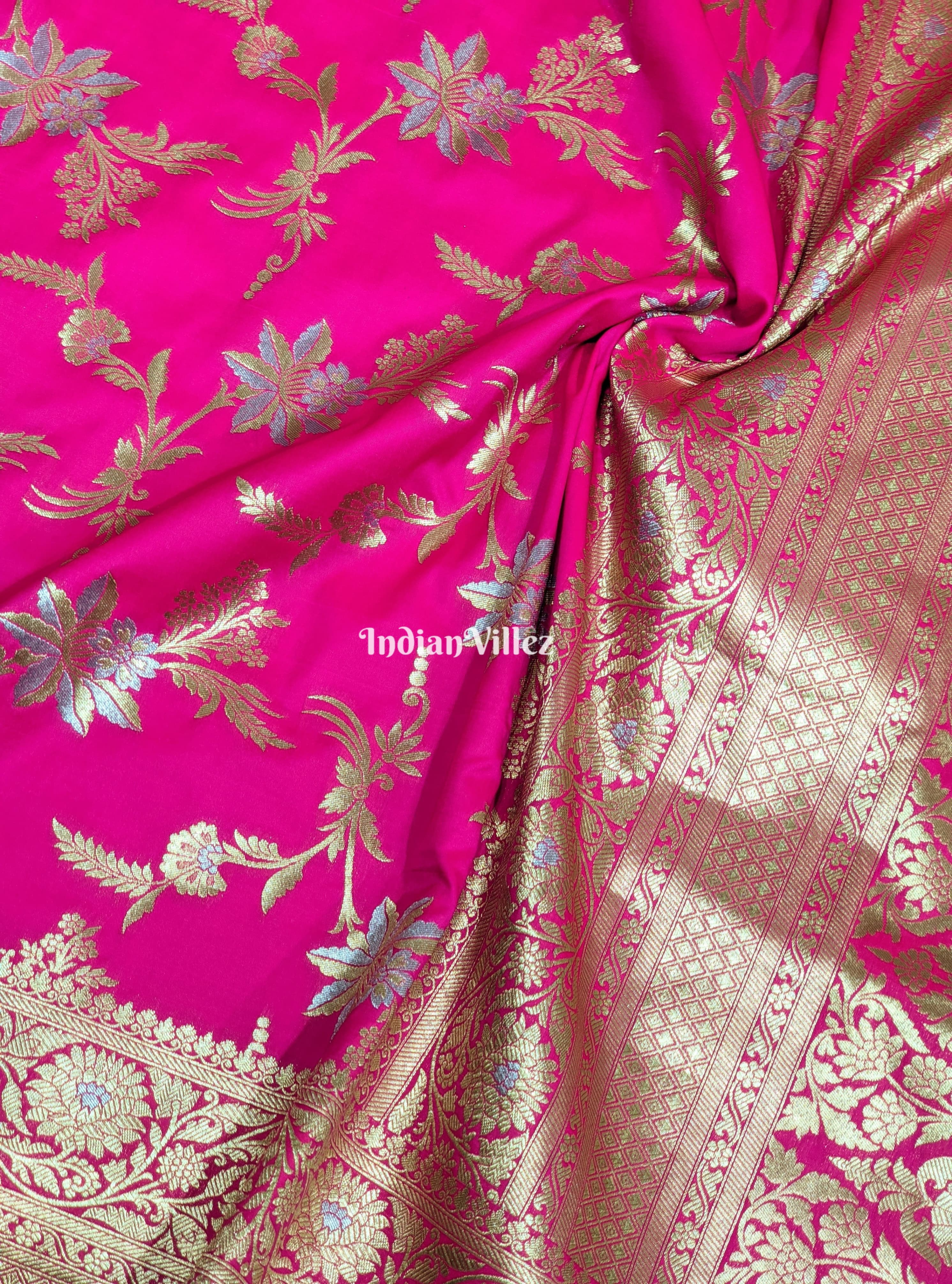 Pink Floral Design Pure Banarasi Katan Saree