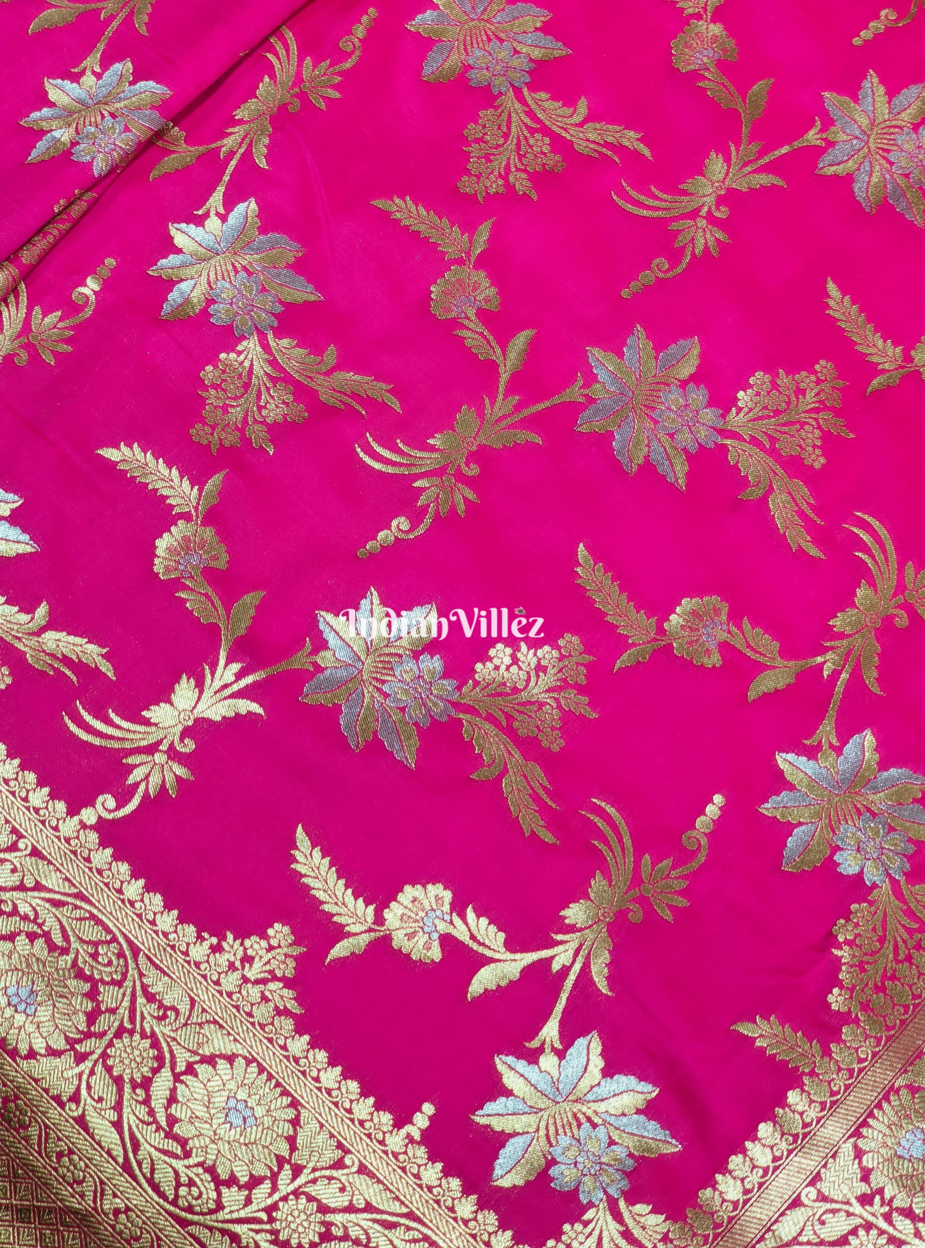 Pink Floral Design Pure Banarasi Katan Saree