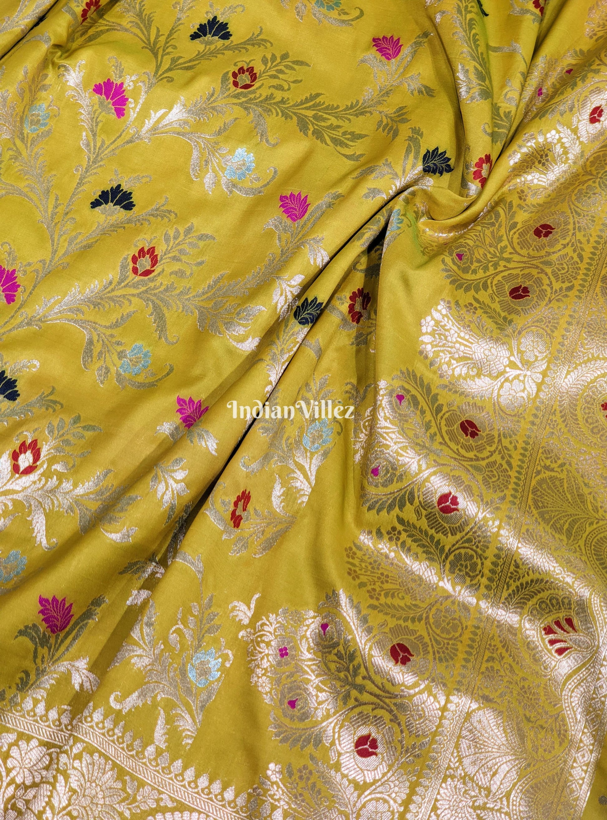 Mustard Color With Floral Design Banarasi Katan Saree