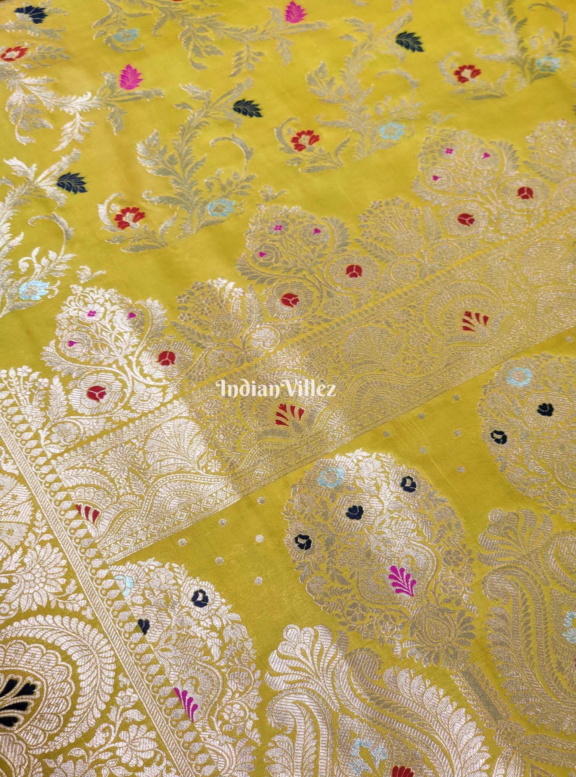 Mustard Color With Floral Design Banarasi Katan Saree