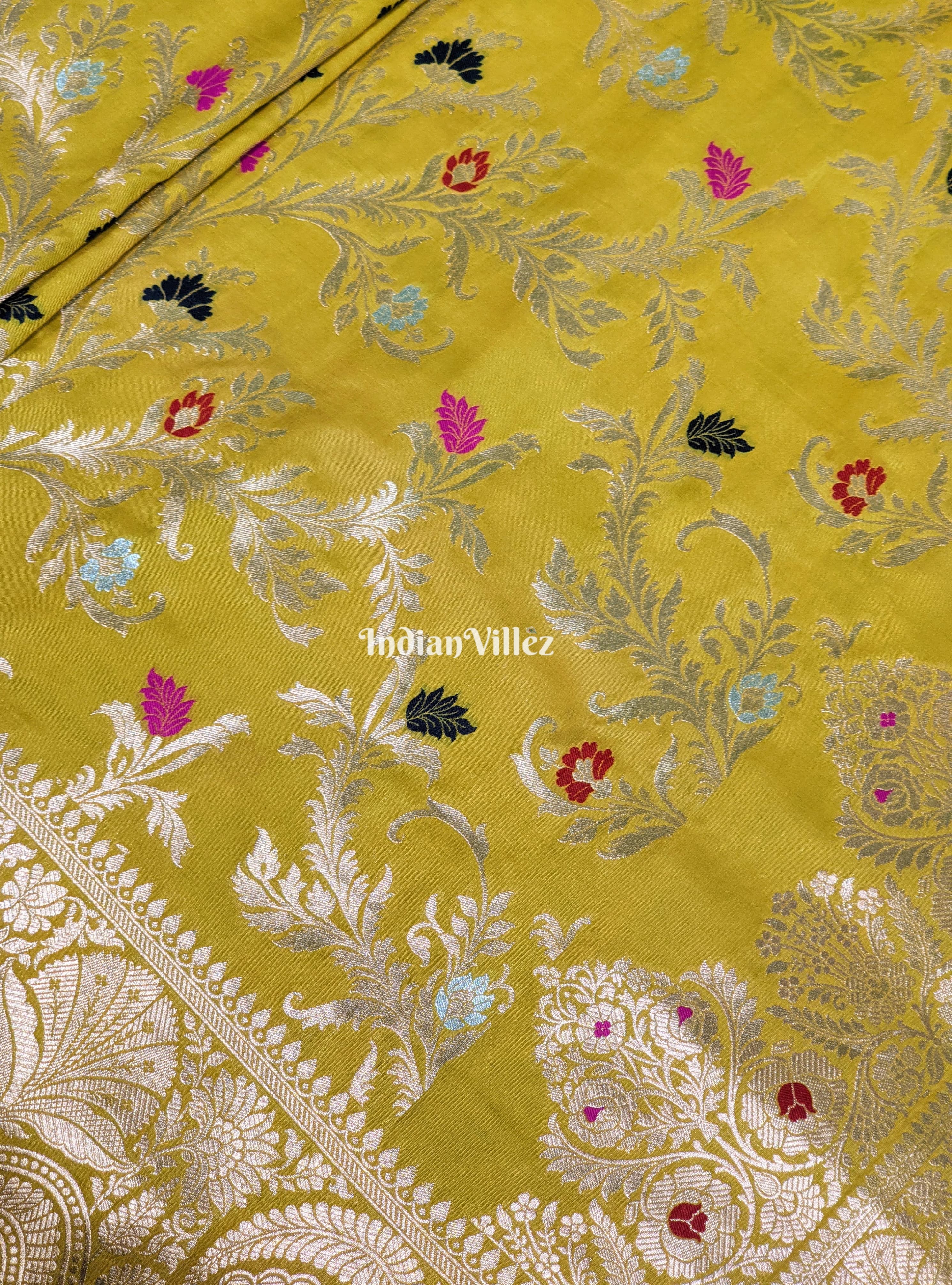 Mustard Color With Floral Design Banarasi Katan Saree