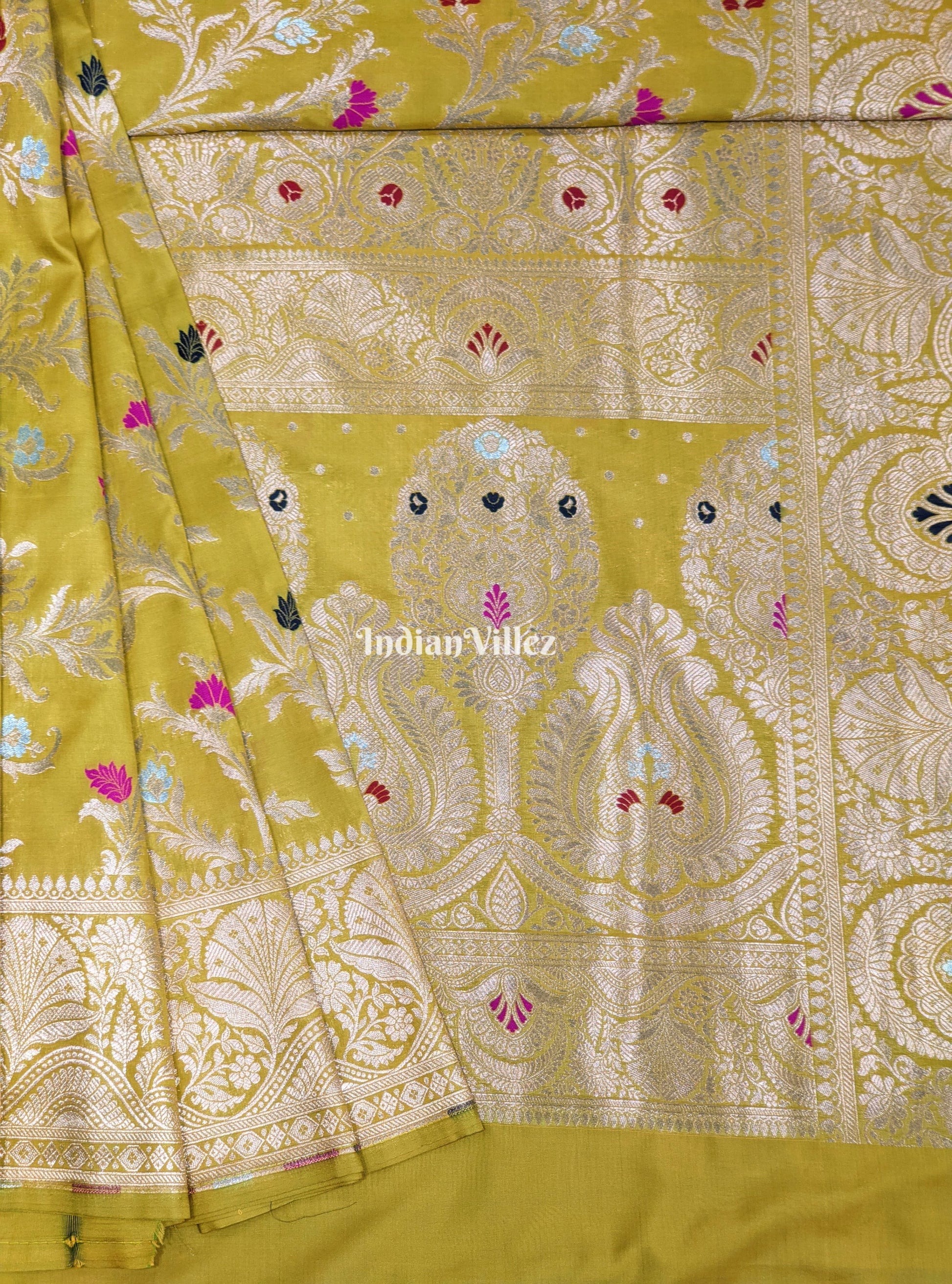 Mustard Color With Floral Design Banarasi Katan Saree