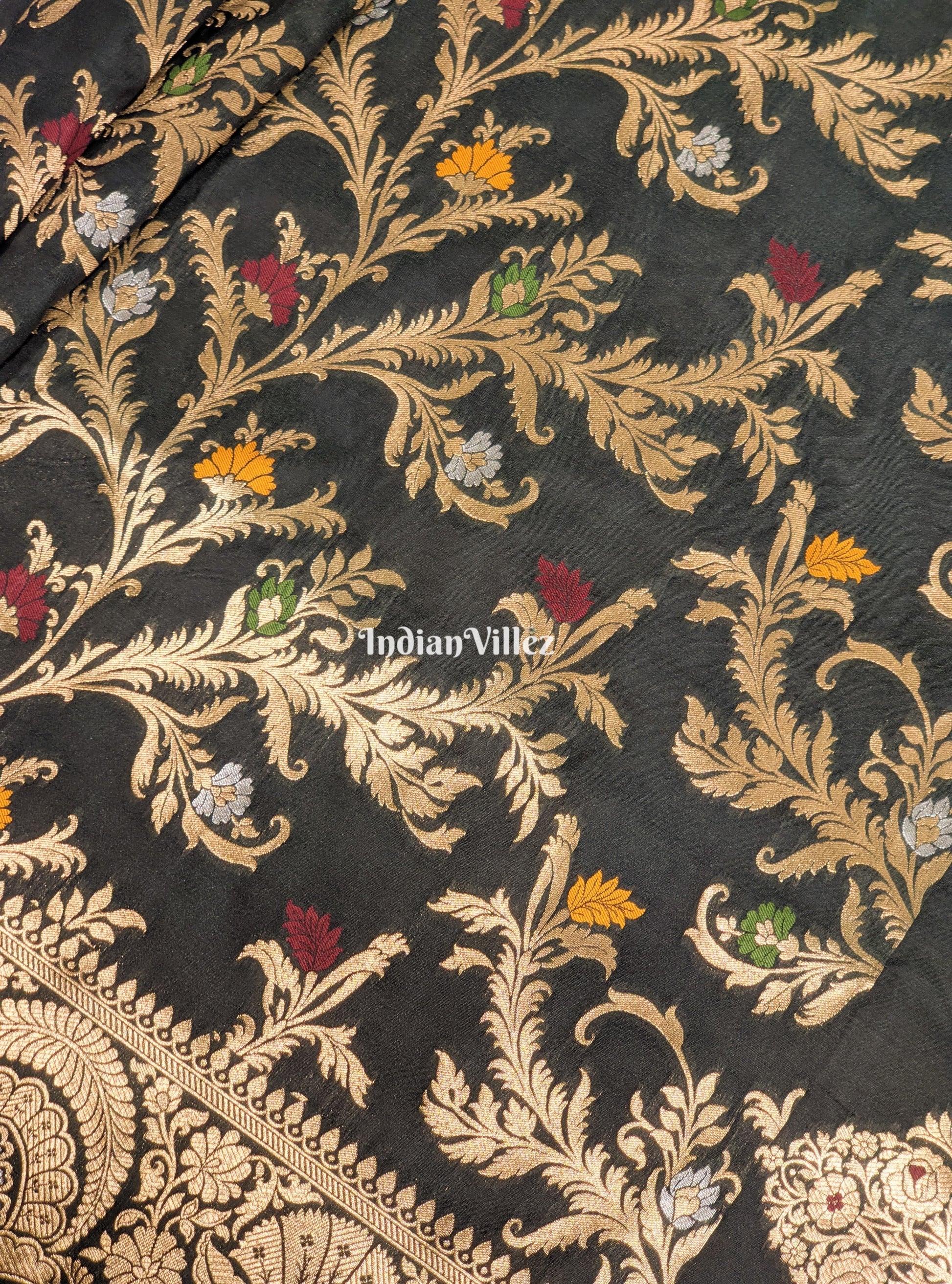 Celadon Green With Floral Design Banarasi Katan Saree