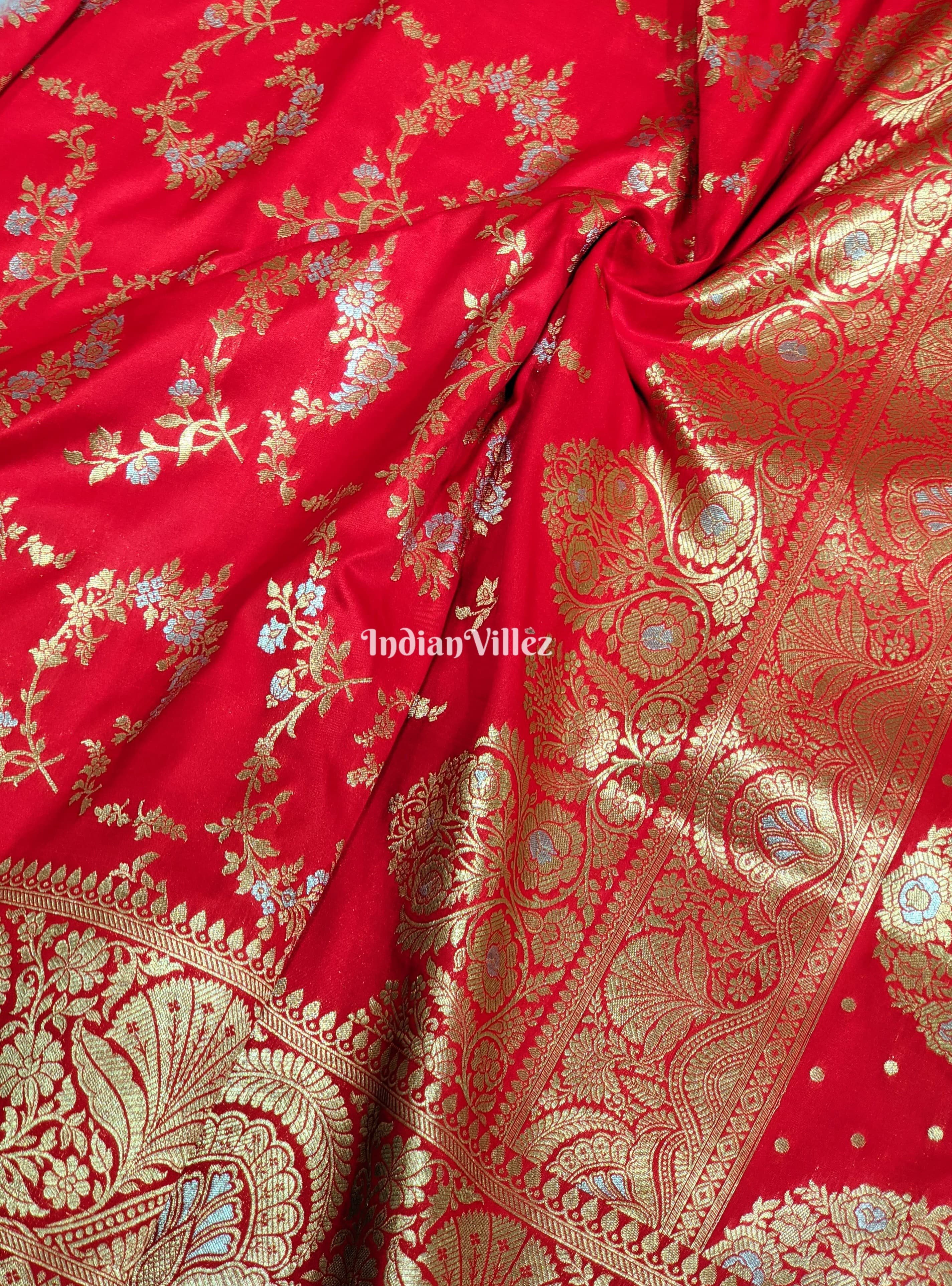 Rose Red Color With Floral Design Banarasi Katan Saree