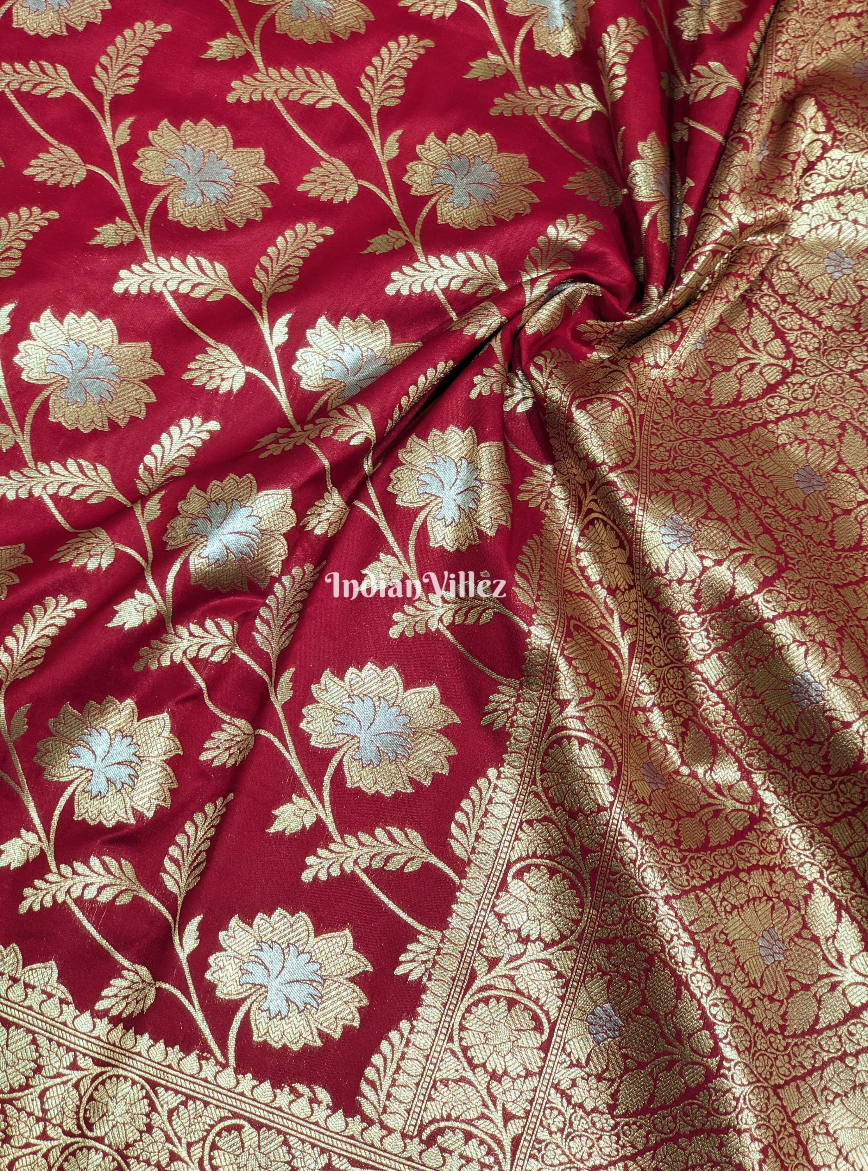 Cherry Red Color With Floral Design Pure Banarasi Katan Saree