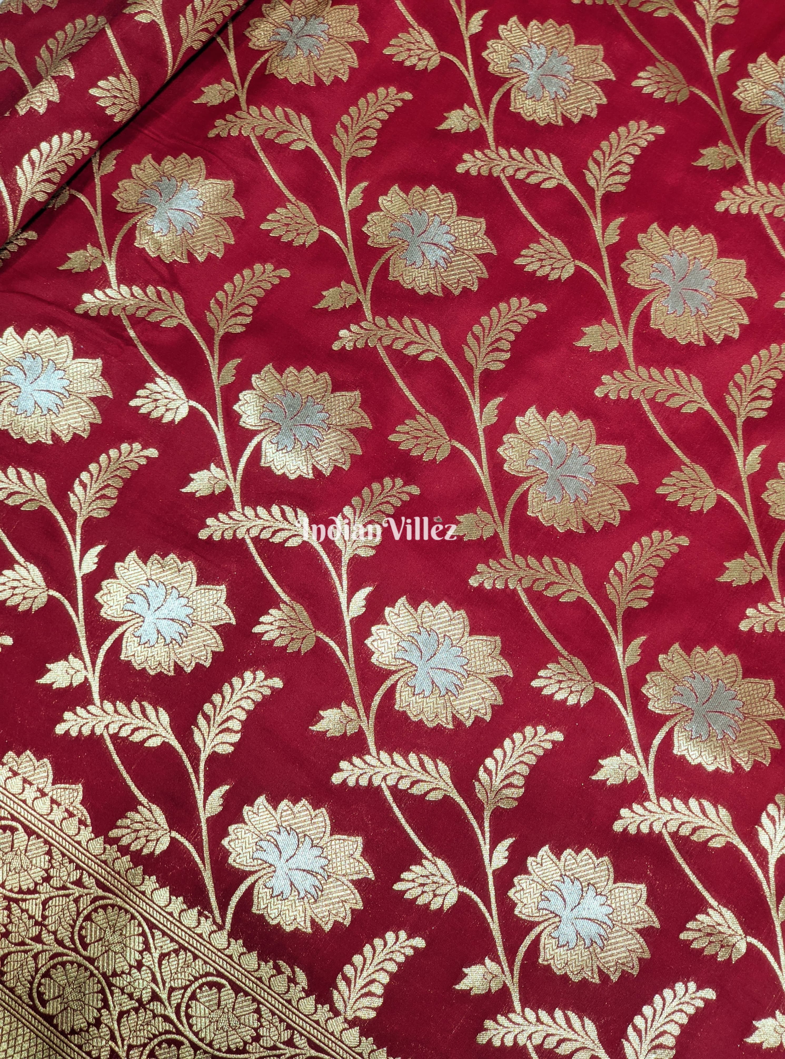 Cherry Red Color With Floral Design Pure Banarasi Katan Saree