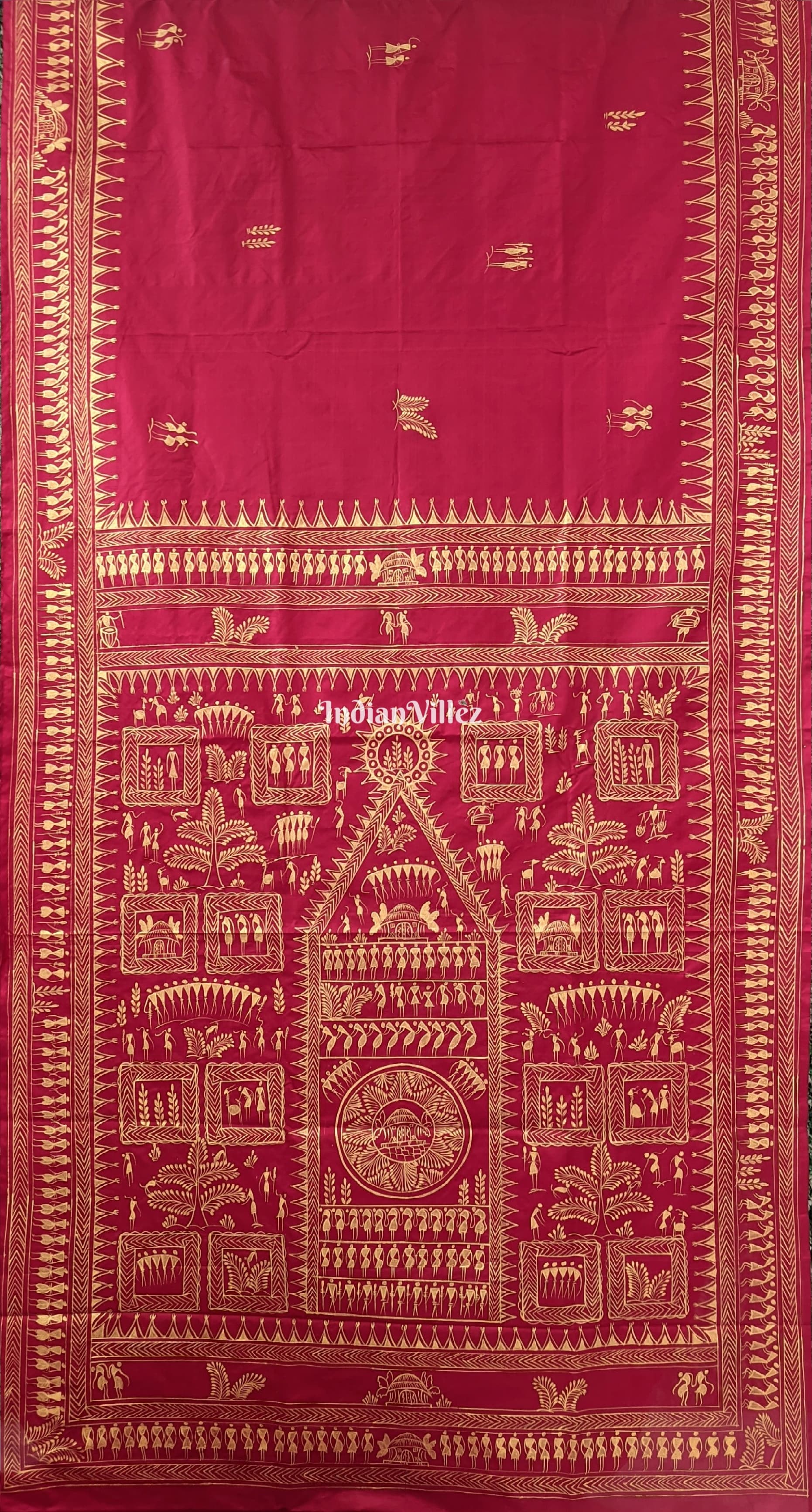 Red Tribal Themed Pattachitra Silk Saree