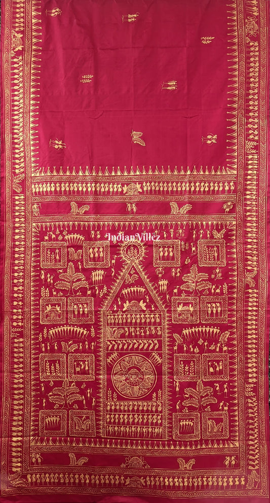 Red Tribal Themed Pattachitra Silk Saree