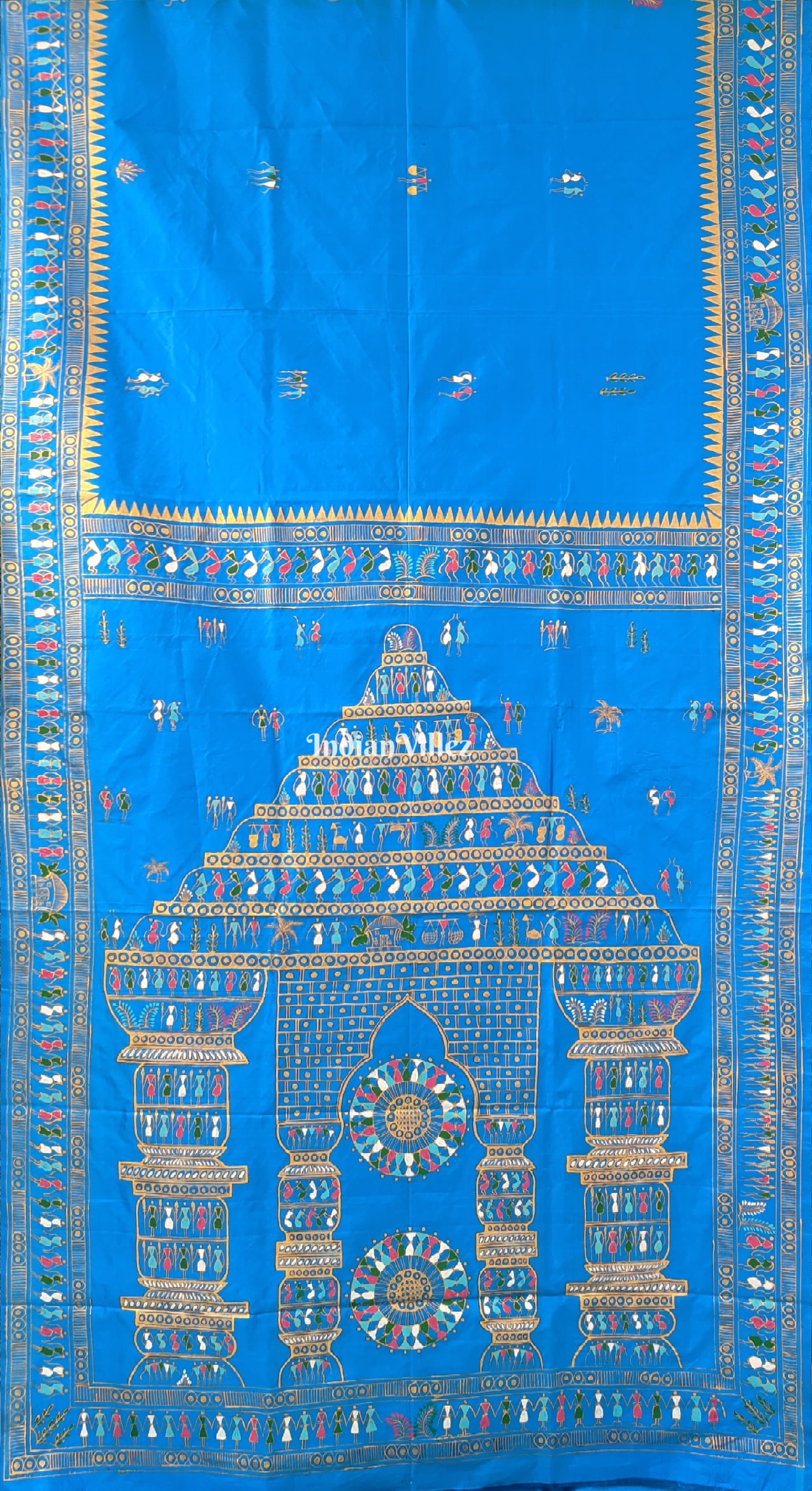 Copper Sulphate Tribal Art Konark Temple Pattachitra Silk Saree