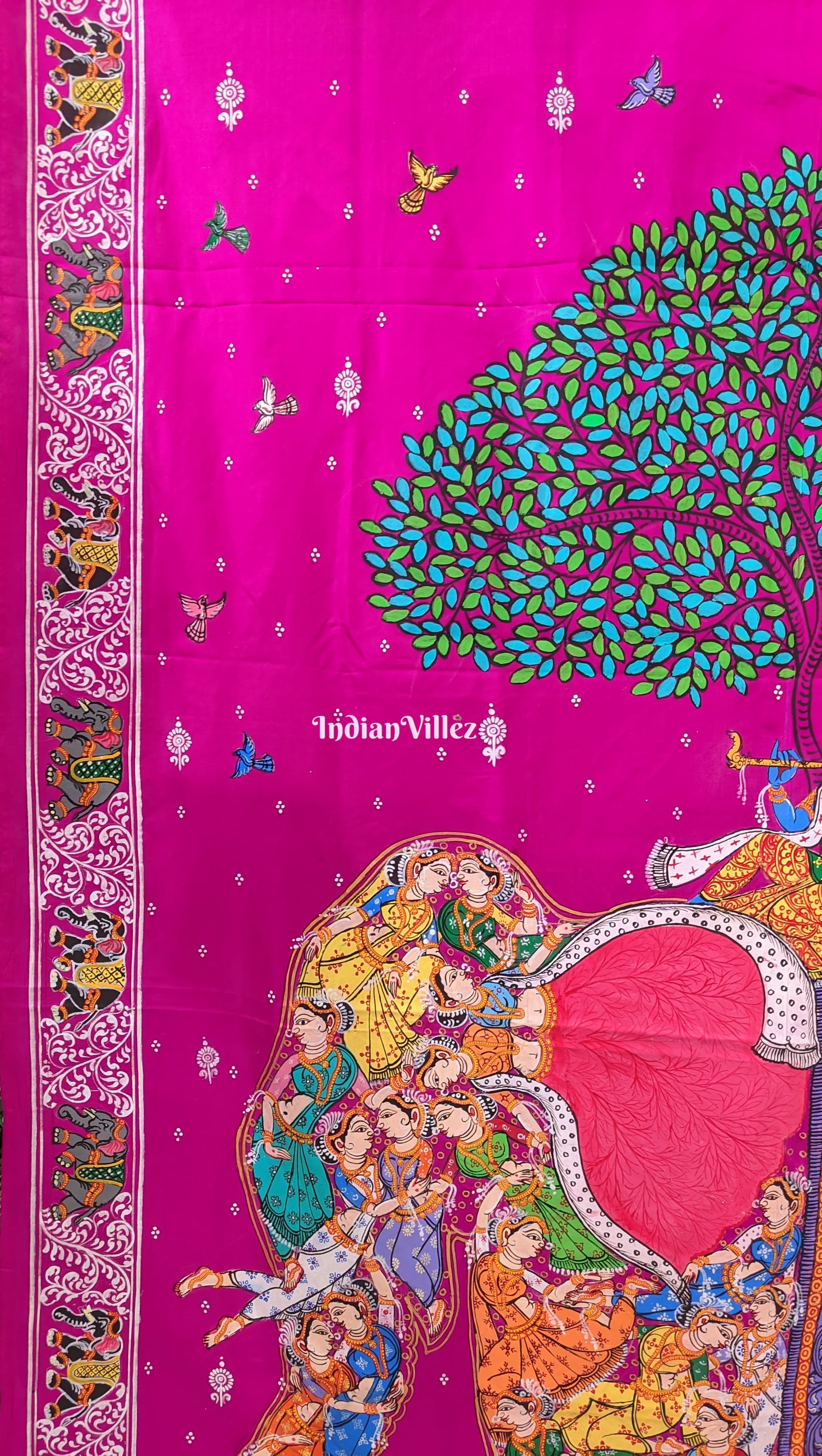 Pink Kandarpa Hati (Elephant) Pattachitra Silk Saree