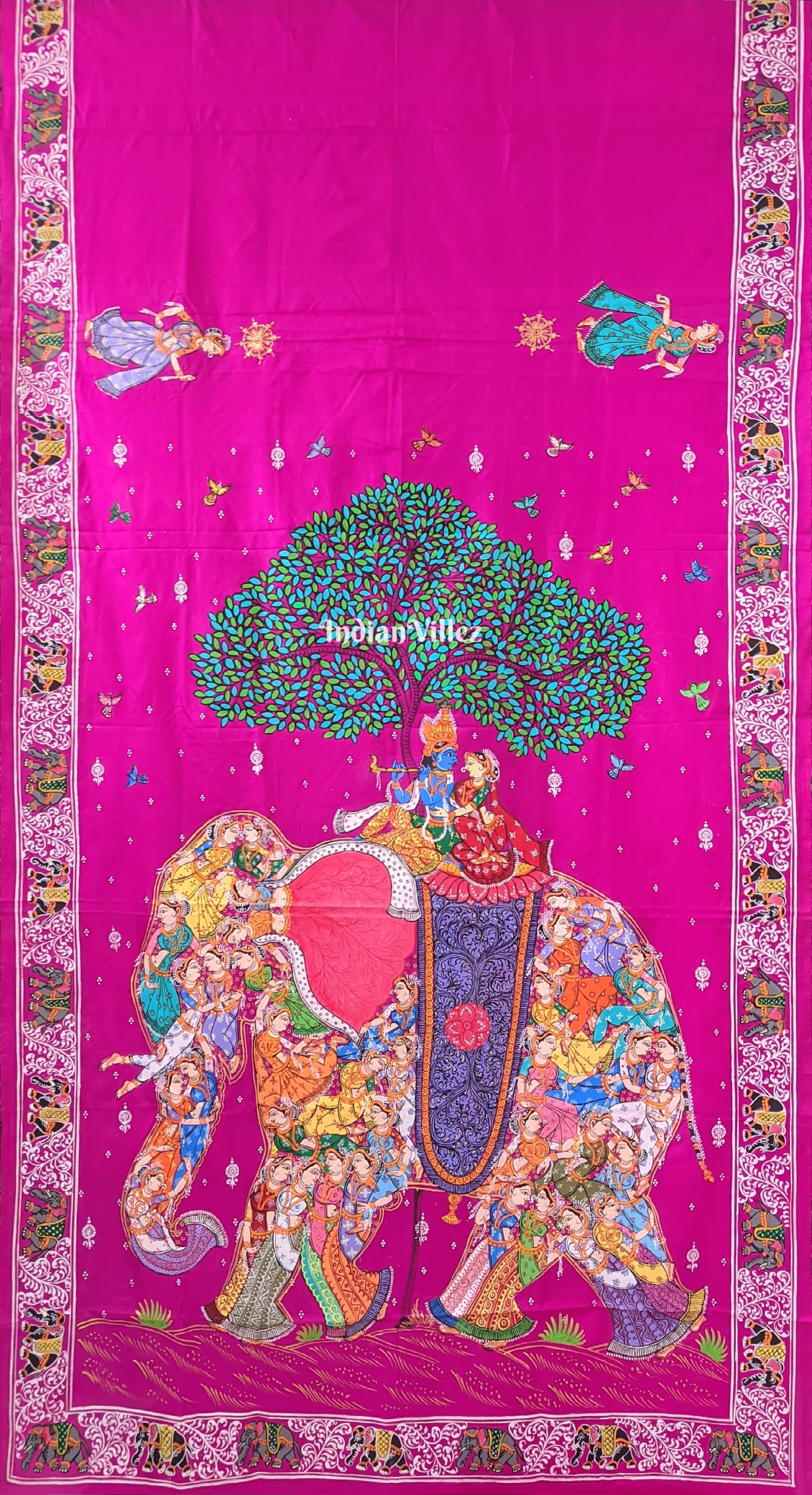 Pink Kandarpa Hati (Elephant) Pattachitra Silk Saree