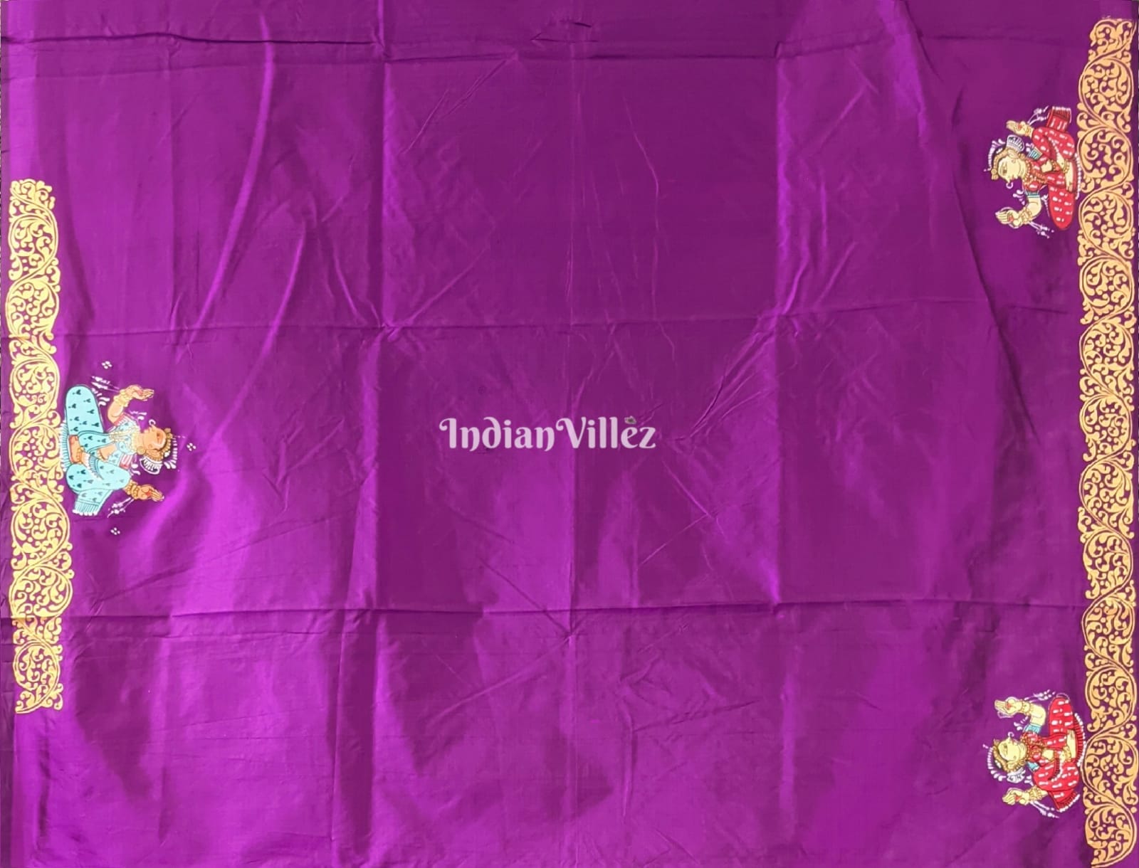 Deep Violet Radha Krishna Village Theme Pattachitra Silk Saree