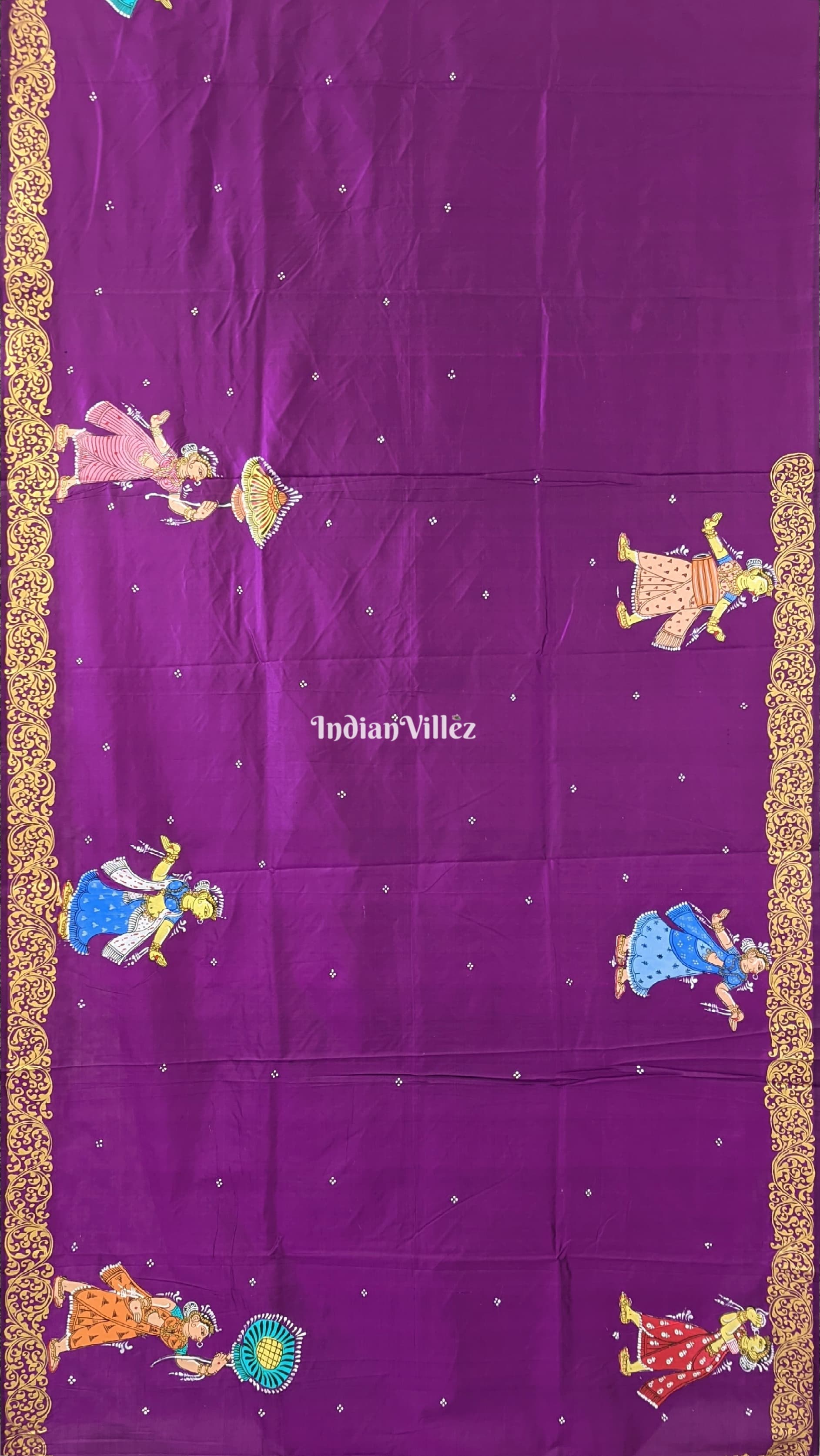 Deep Violet Radha Krishna Village Theme Pattachitra Silk Saree