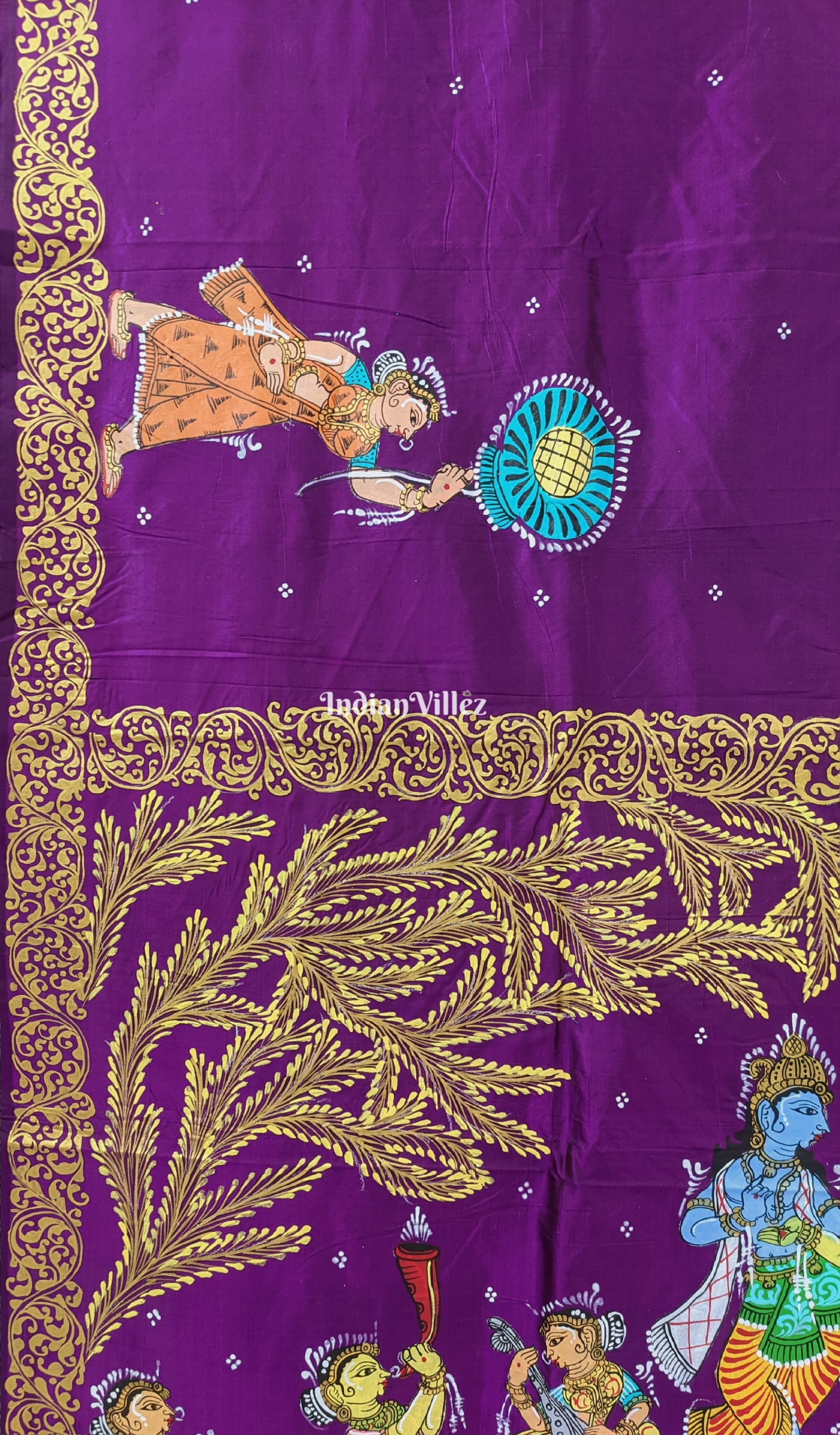 Deep Violet Radha Krishna Village Theme Pattachitra Silk Saree