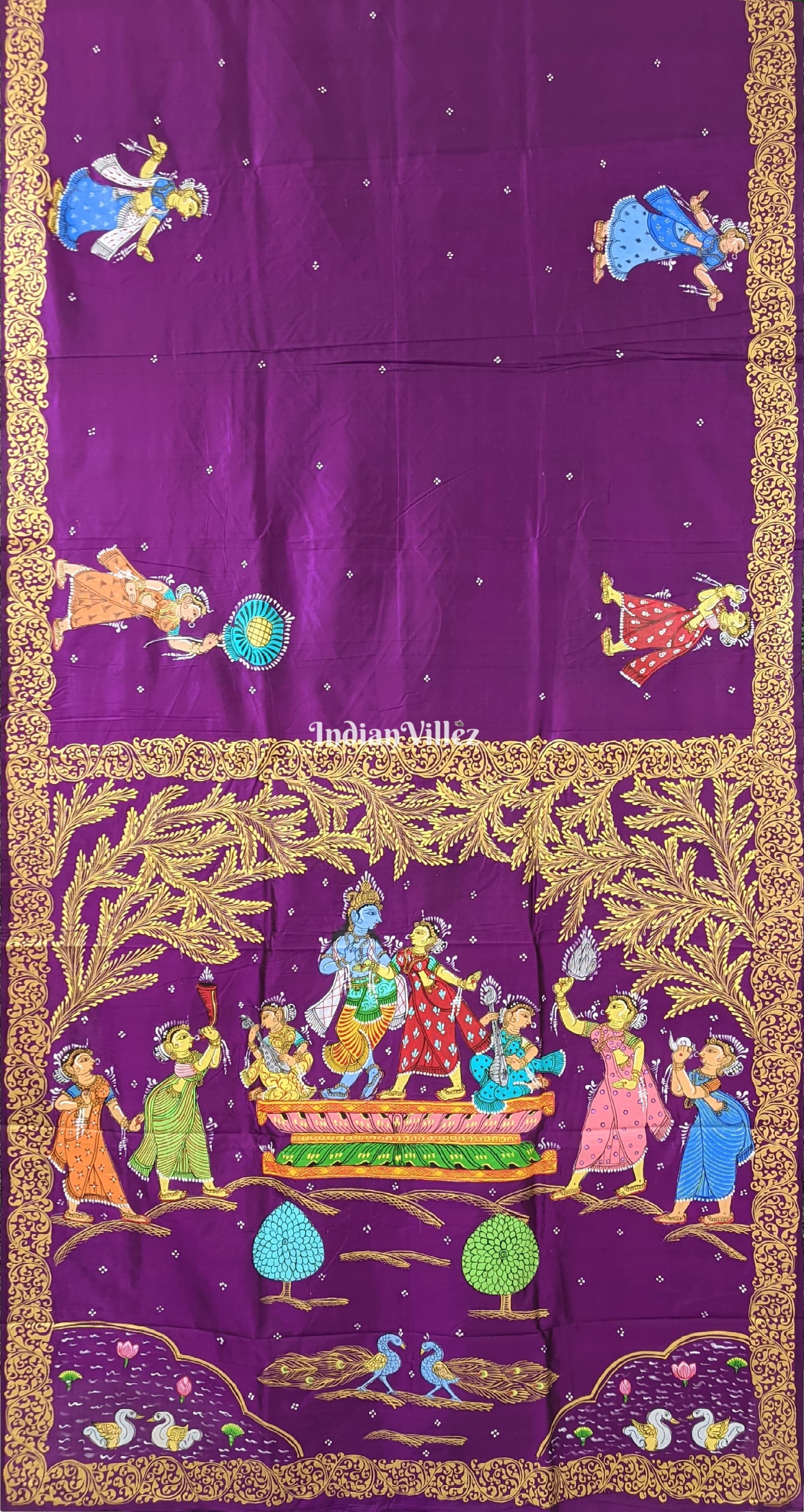 Deep Violet Radha Krishna Village Theme Pattachitra Silk Saree