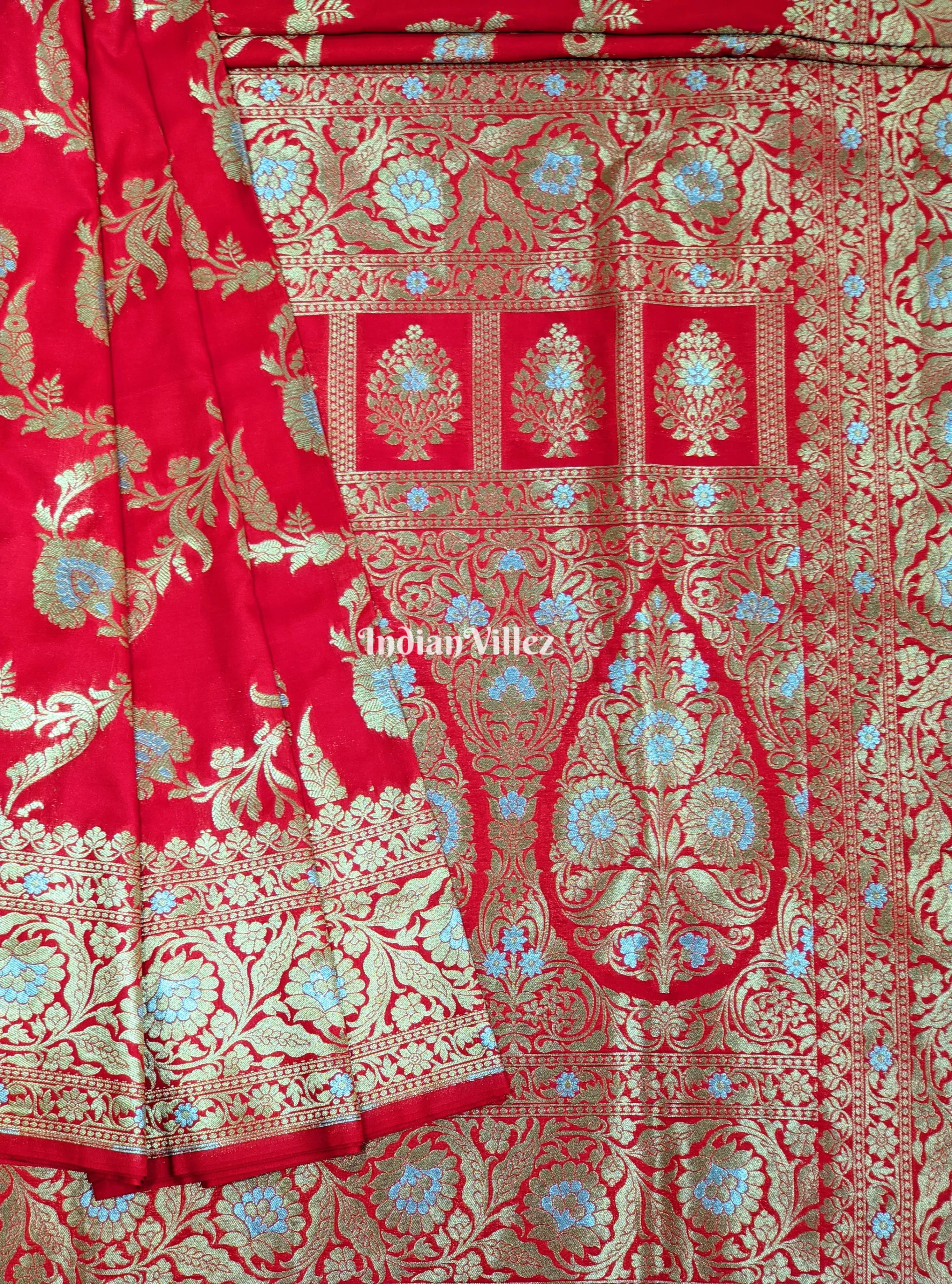  Red Floral Design Banarasi Katan Saree