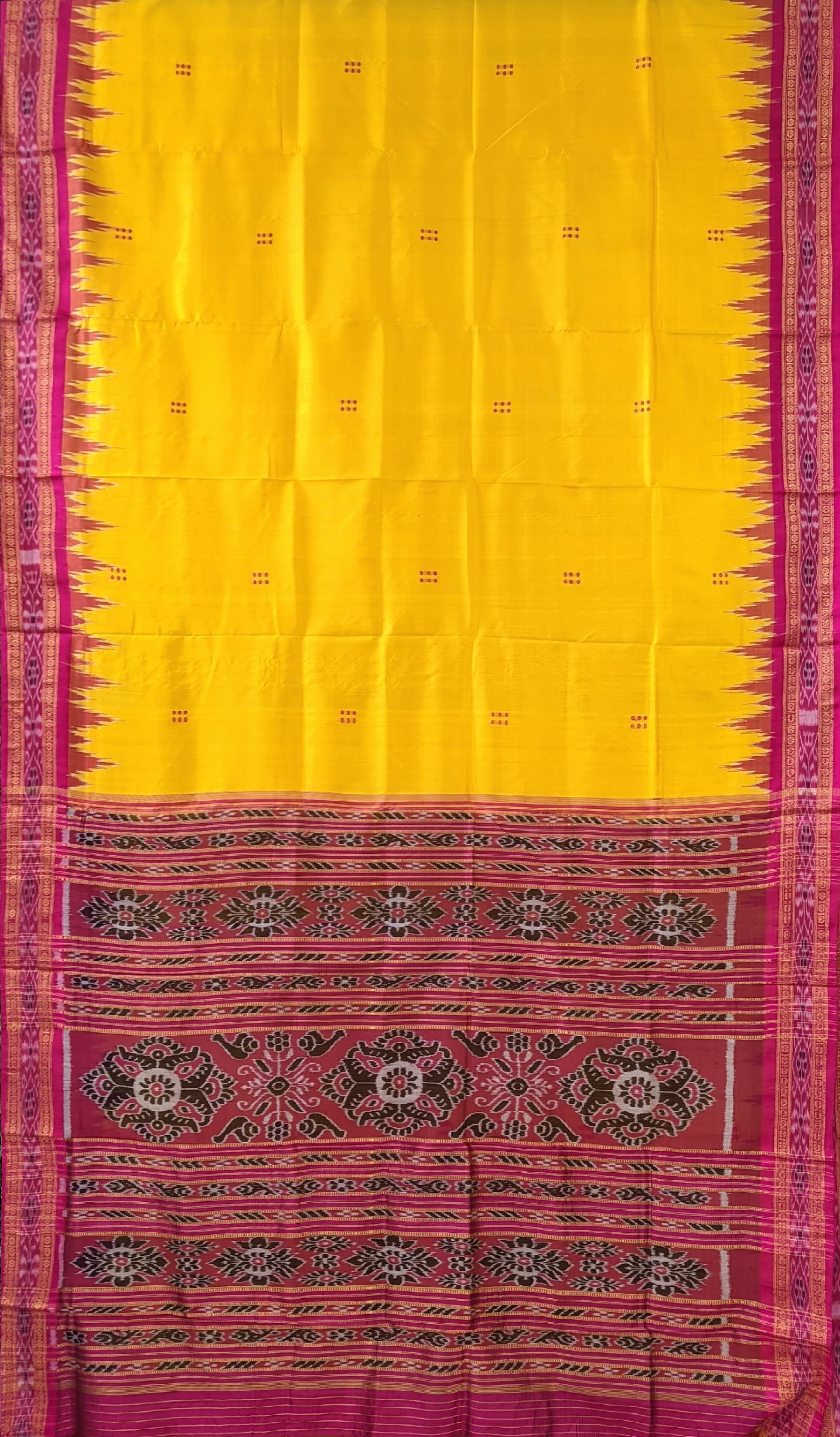 Yellow Red Butta design Odisha Ikat Khandua Silk Saree