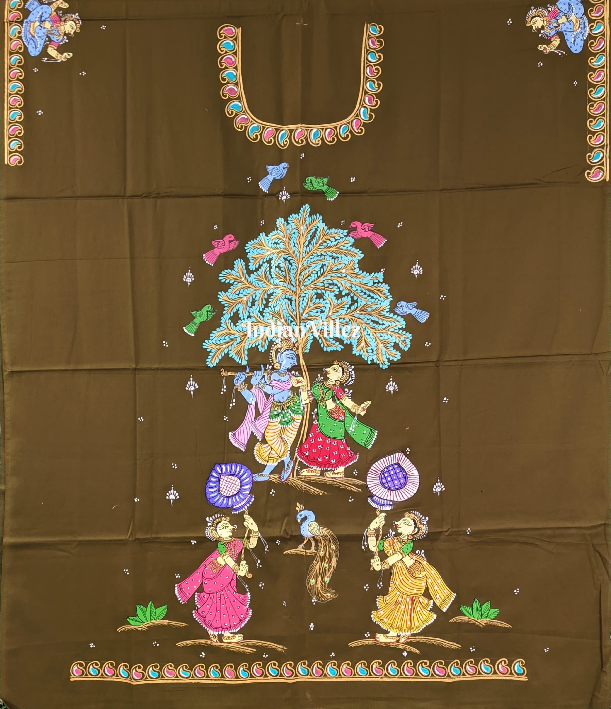 Mehendi Green Radha Krisha Pattachitra Kurti Cotton Dress Material