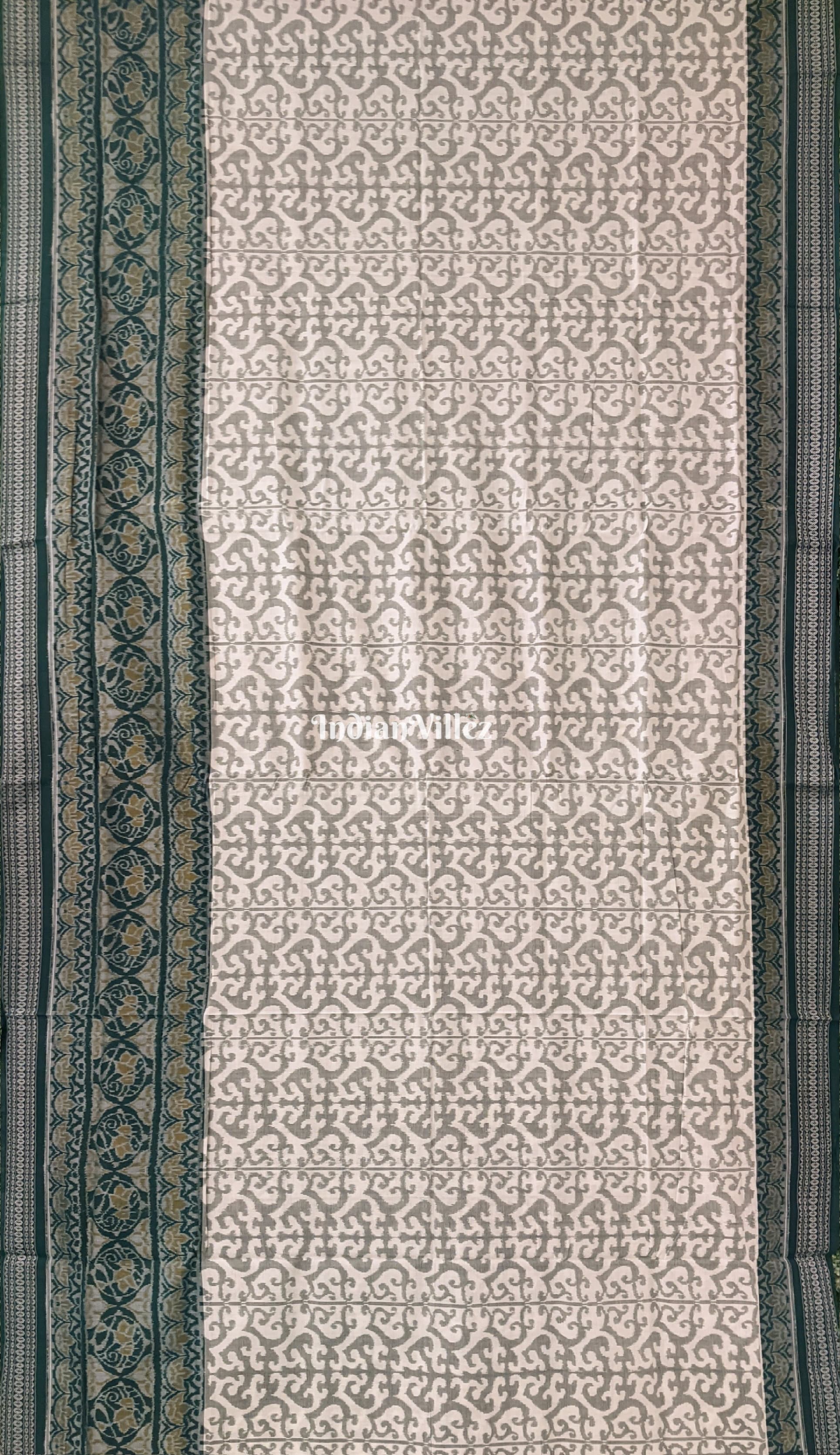 White Green Pure Sambalpuri Ikat Cotton Saree