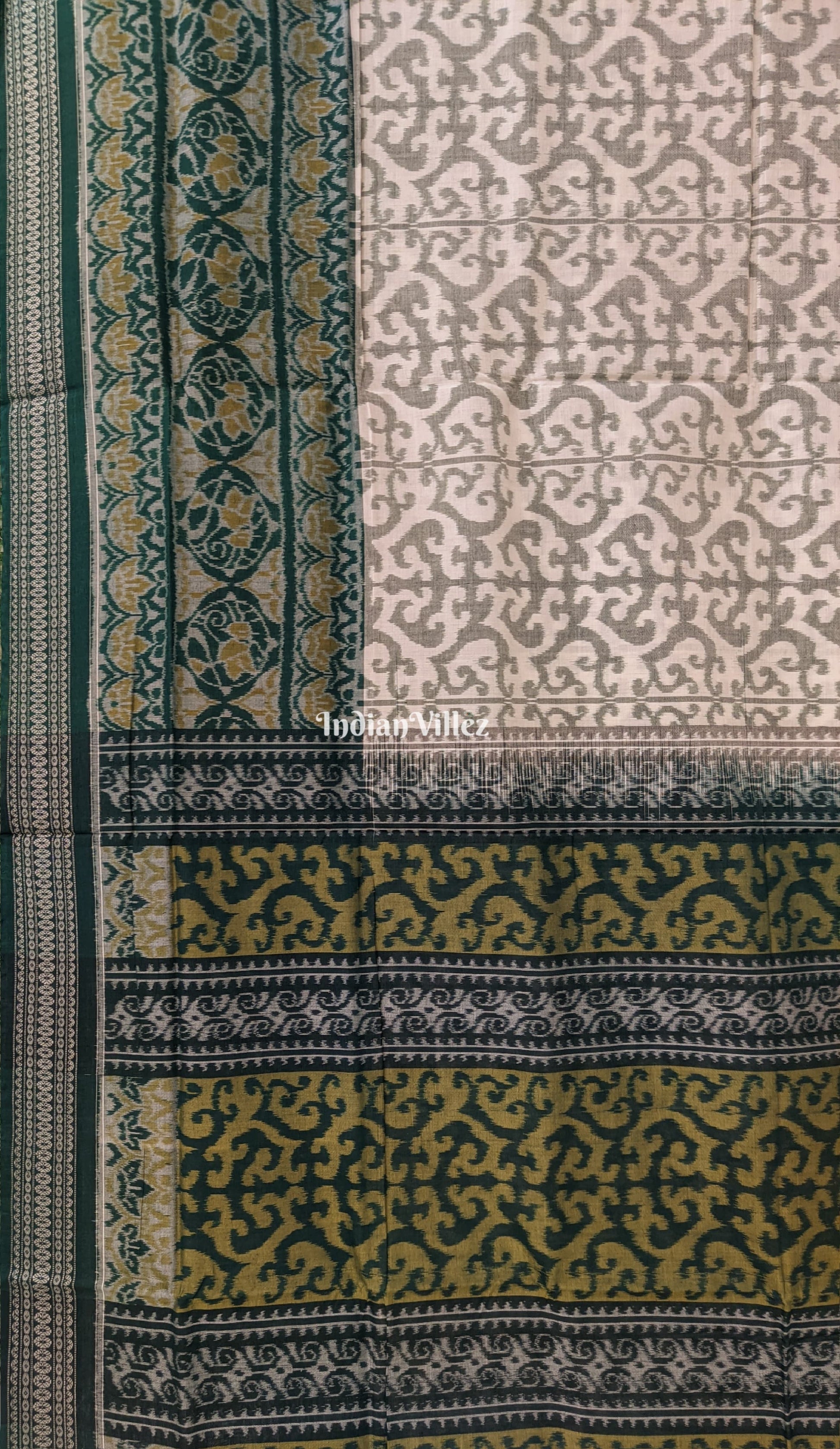 White Green Pure Sambalpuri Ikat Cotton Saree