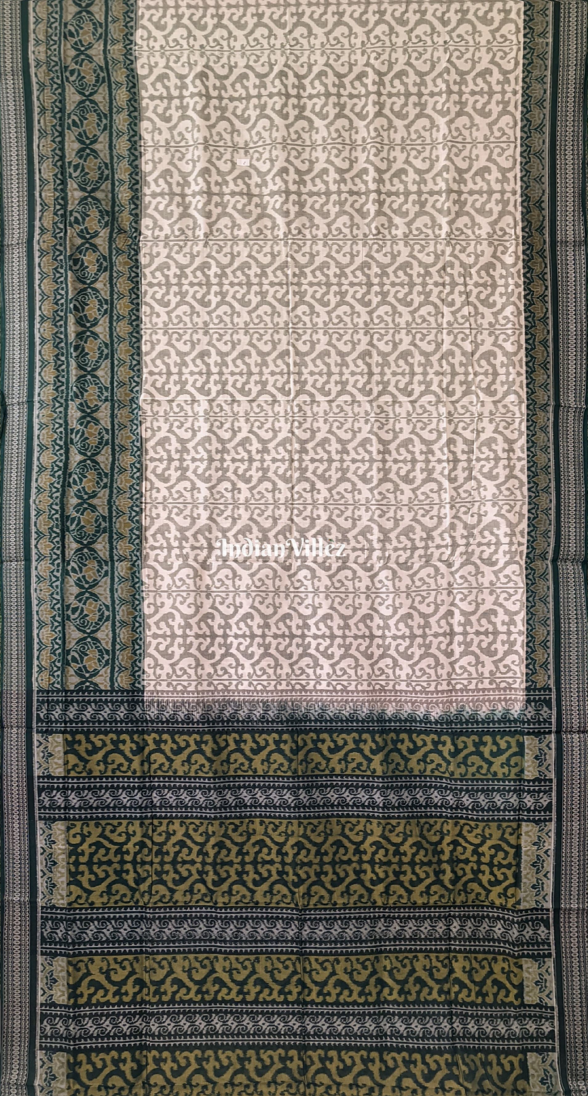 White Green Pure Sambalpuri Ikat Cotton Saree