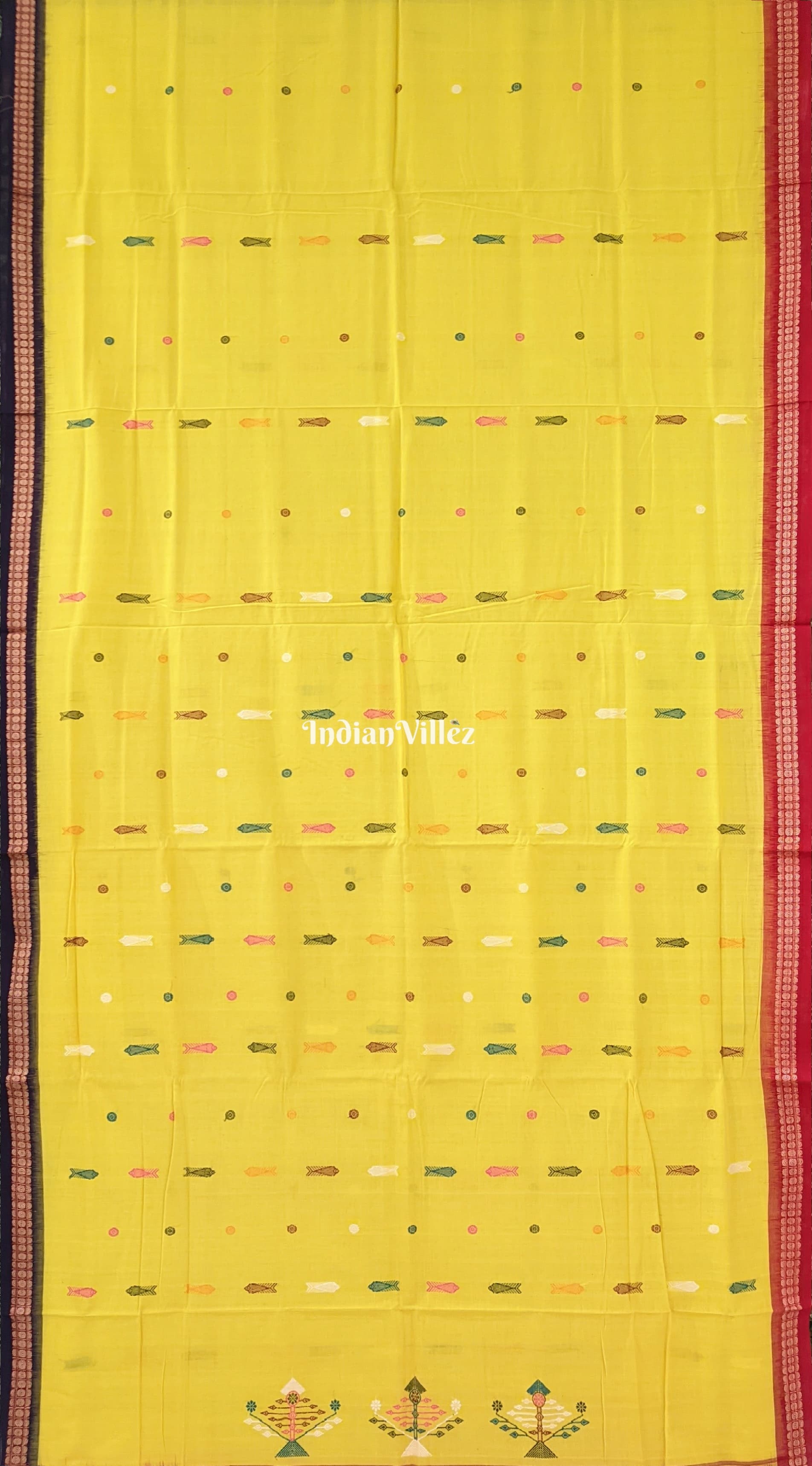 Yellow Bomkai Sambalpuri Cotton Saree With Fish & Flower Motif