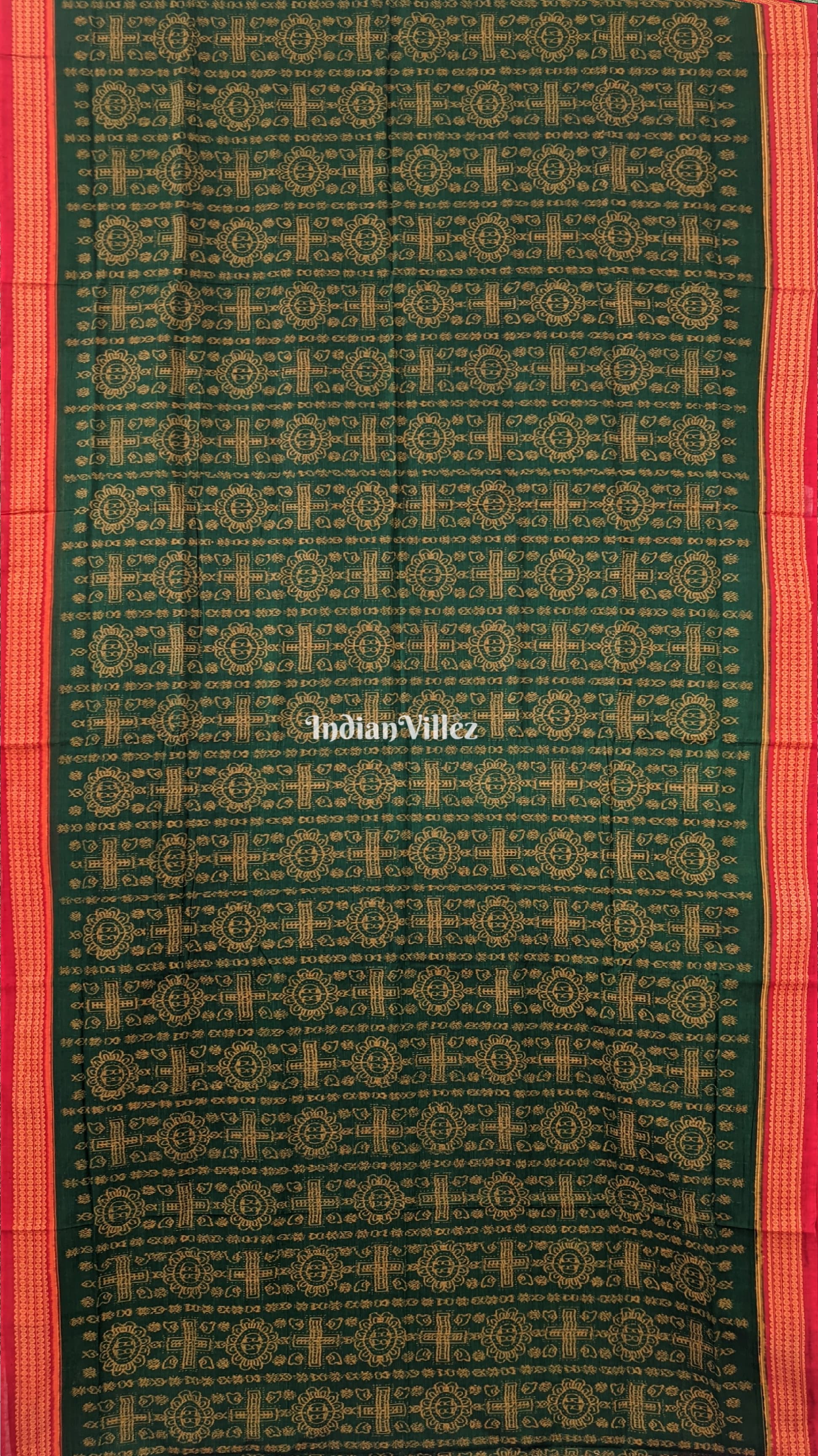 Green With Red border Odisha Ikat Sambalpuri Pure Cotton Saree