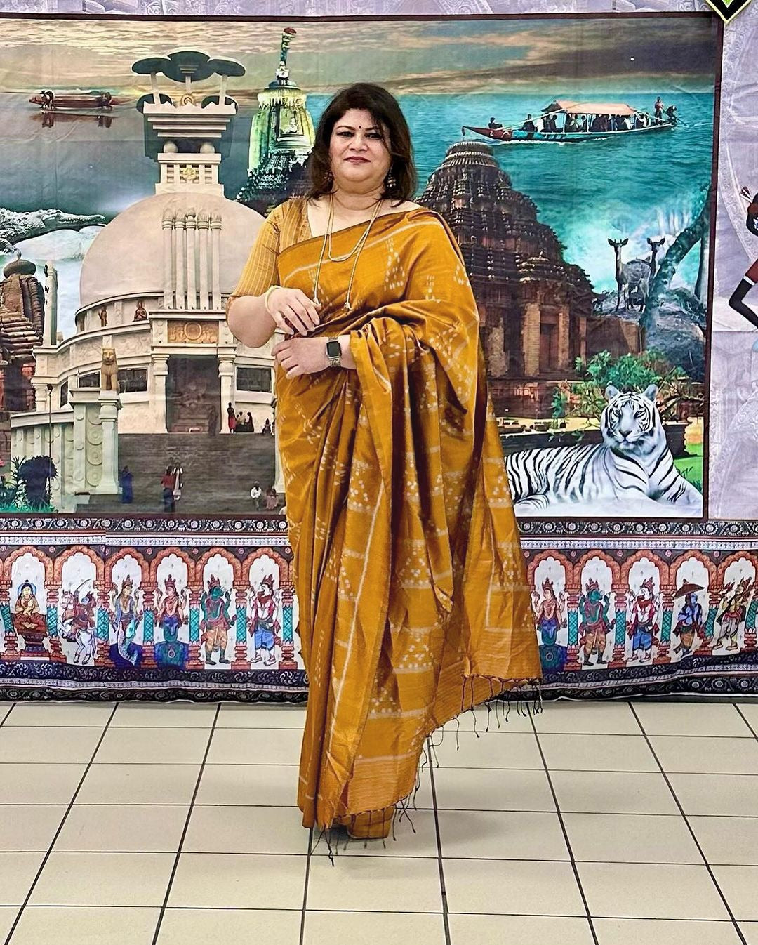 Mustard Yellow Jhoti Odisha Ikat Contemporary Silk Saree