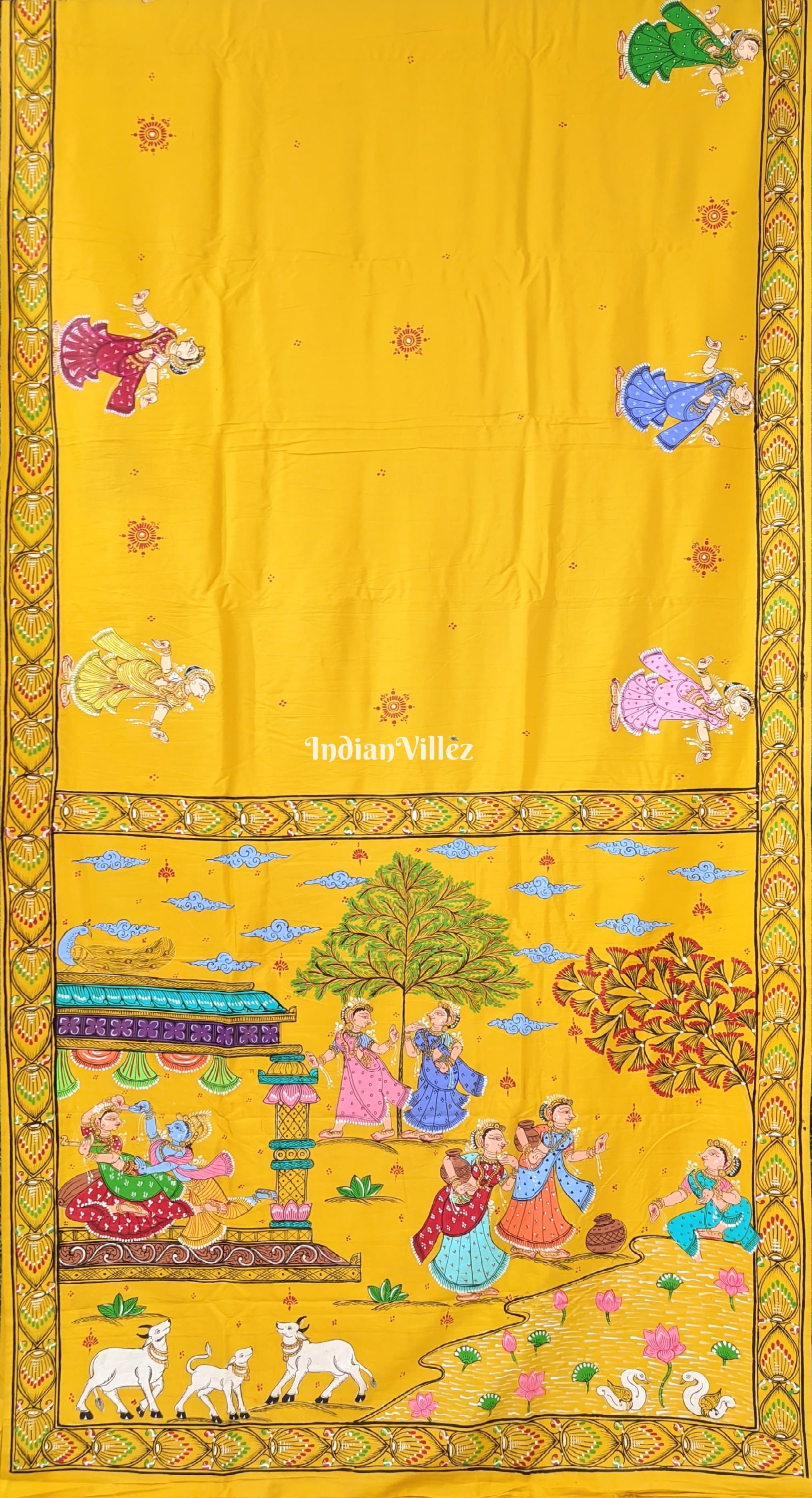 Yellow Radha Krishna Rasa Leela Pattachitra Art Khadi Silk Saree