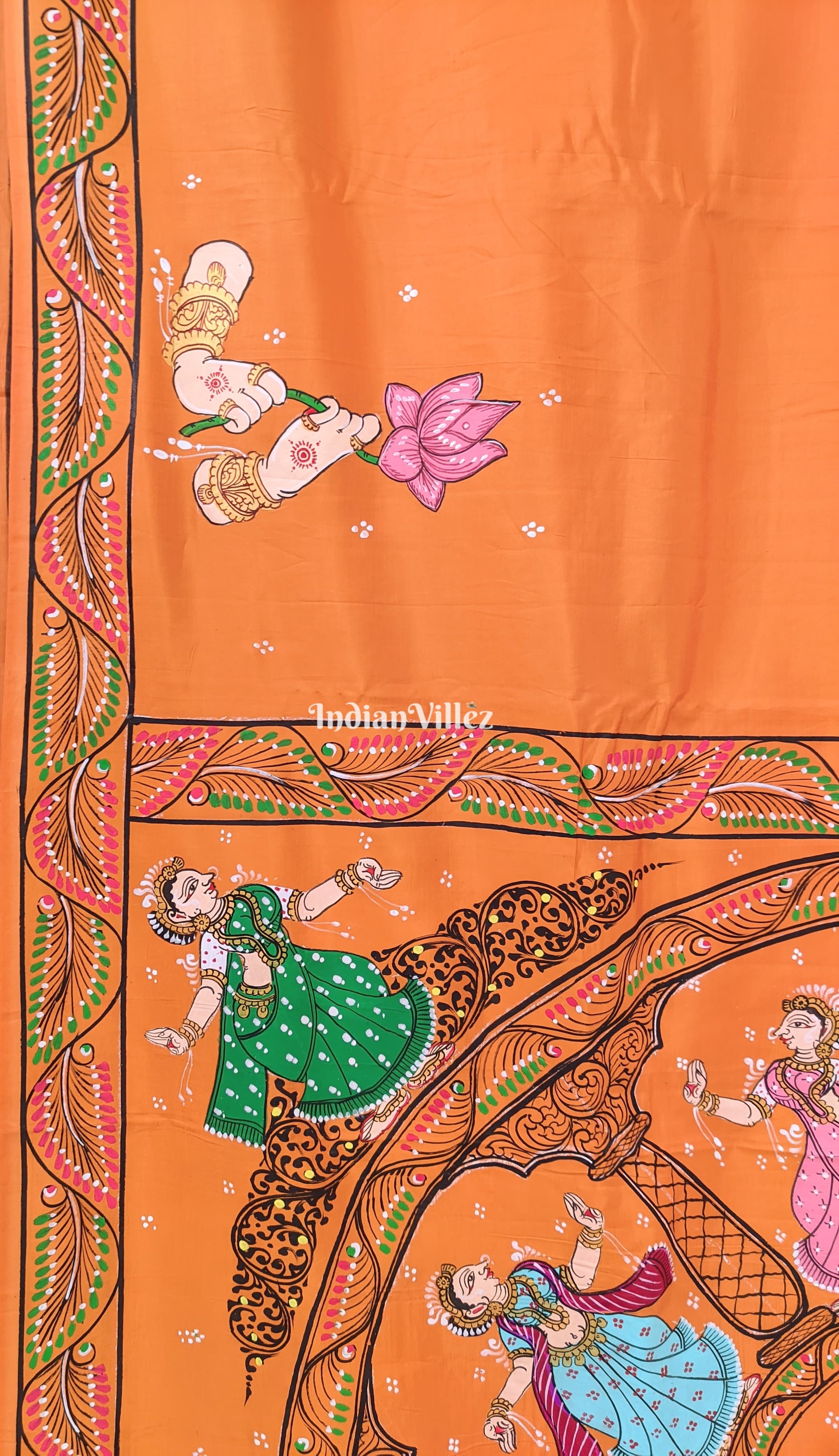 Orange Chandua Theme Pattachitra Art Khadi Silk Saree