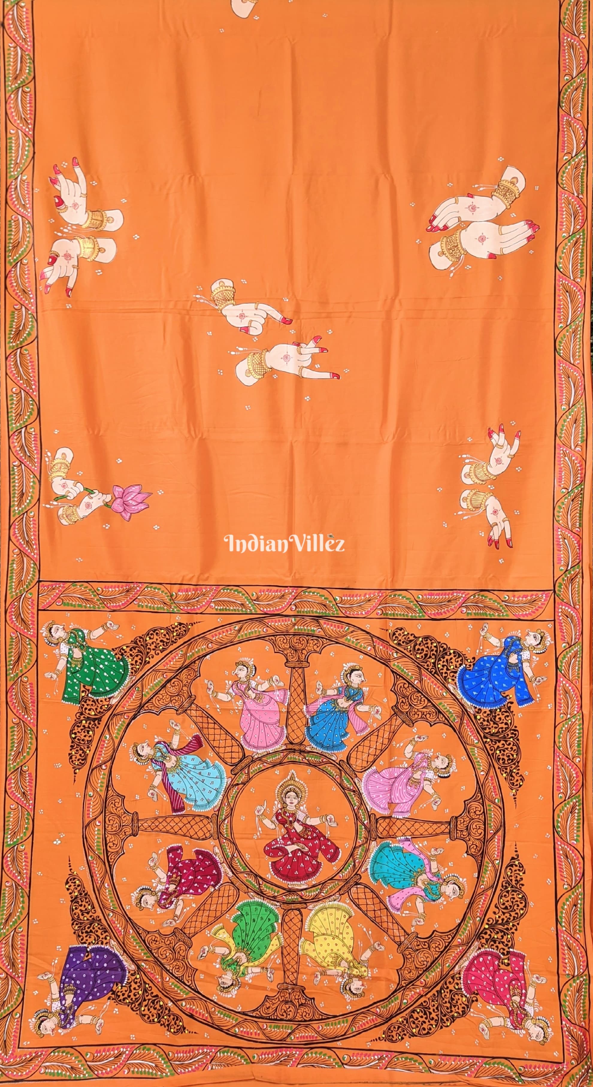 Orange Chandua Theme Pattachitra Art Khadi Silk Saree