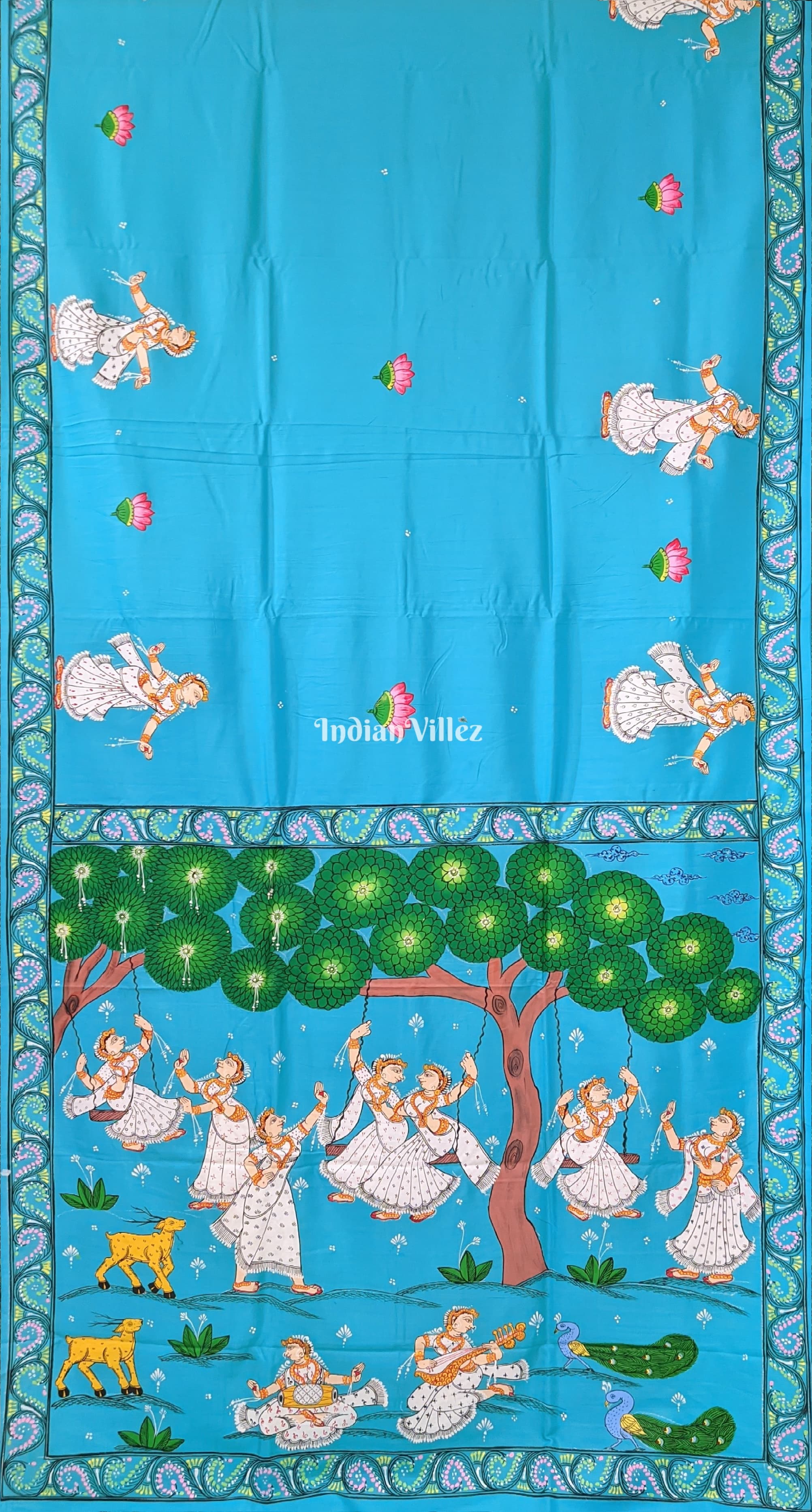 (Pre Order) Sky Blue Raja Theme Hand-Painted Pattachitra Saree ...