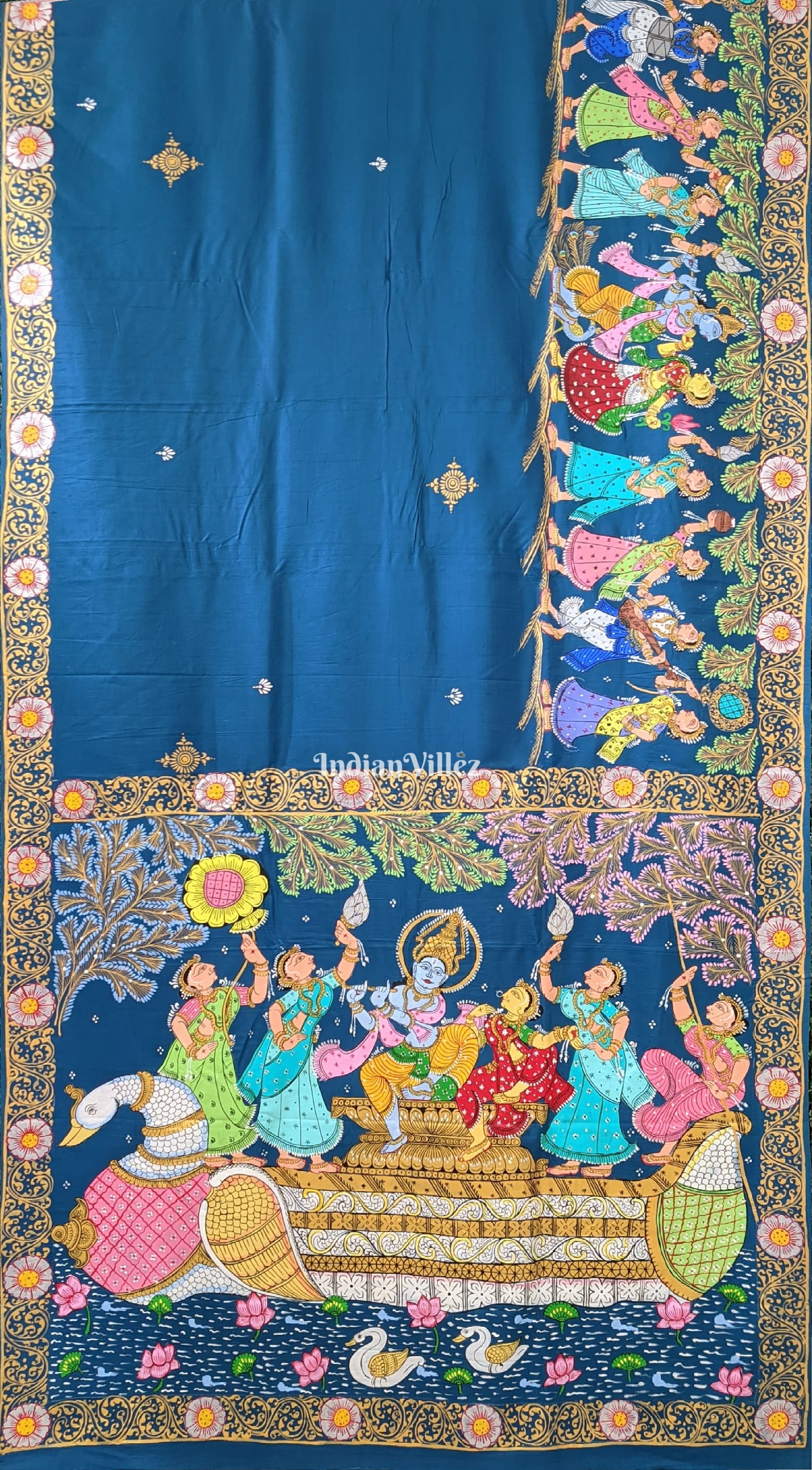 Peacock Blue Radha Krishna Boita Pattachitra Silk Saree