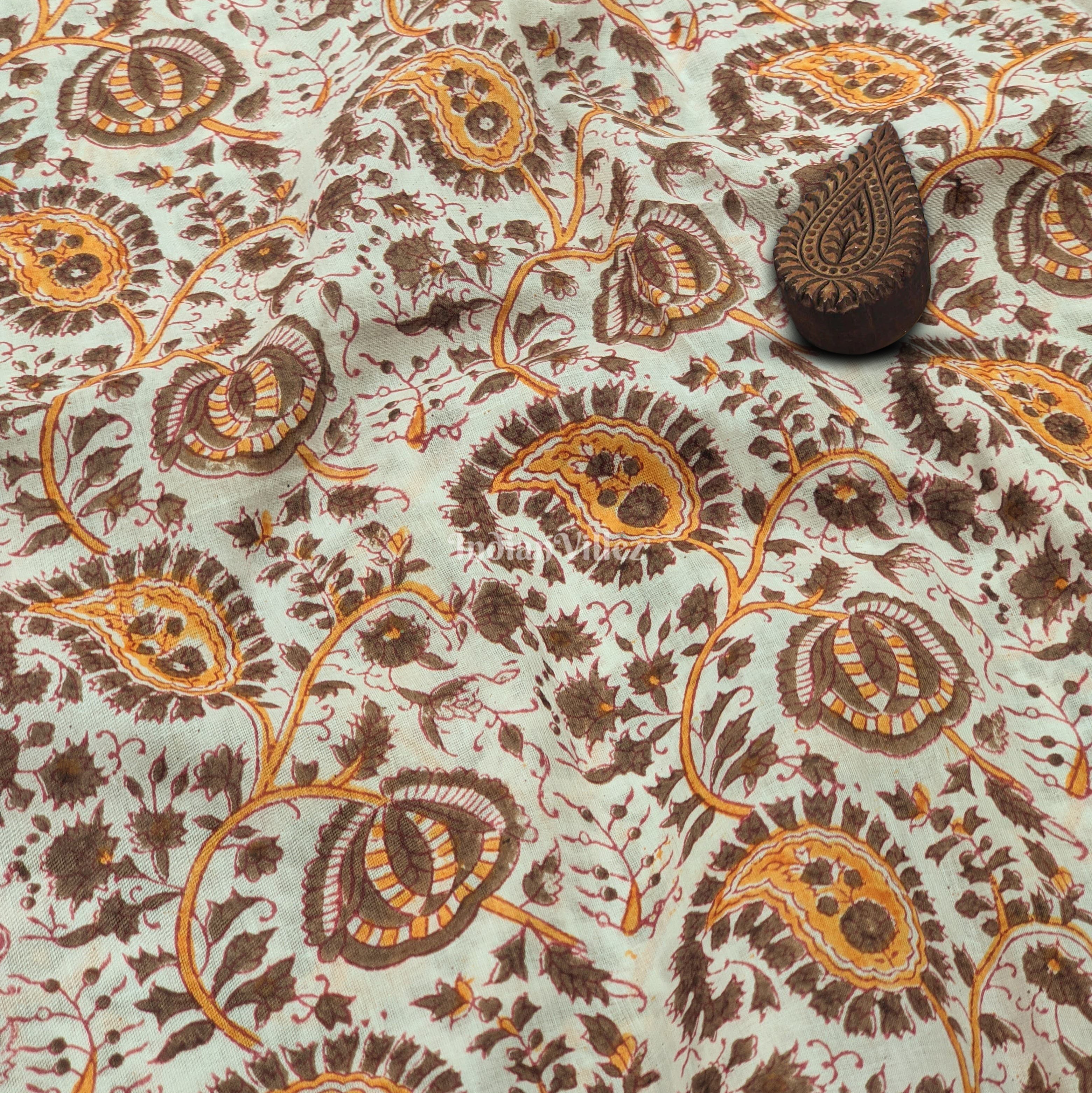 Off White Multicolored Floral Hand Block Printed Cotton Fabric